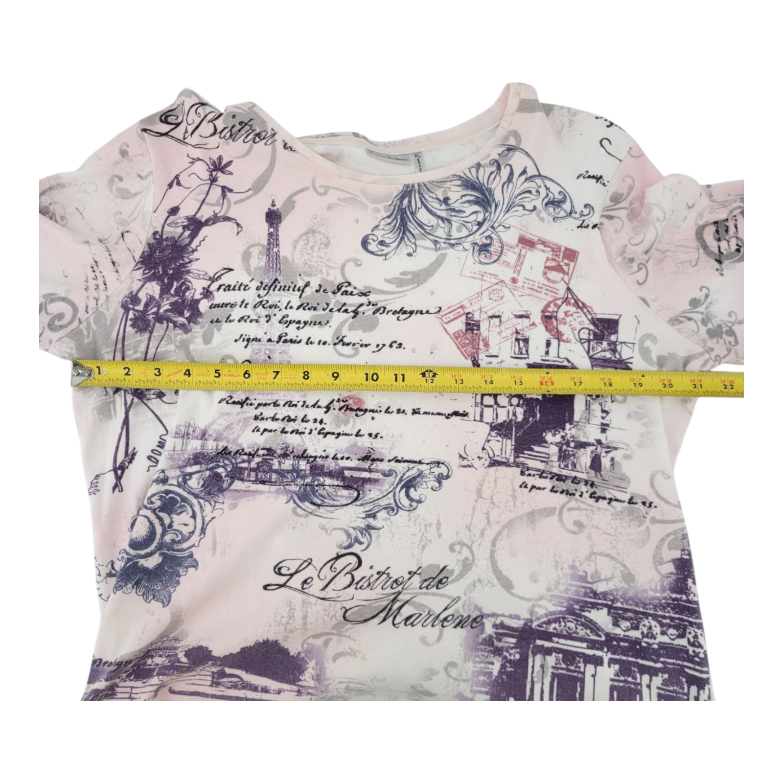 Nicole Miller Le Bistro de Marlene Pink Paris Print Top Blouse XL Long Sleeve