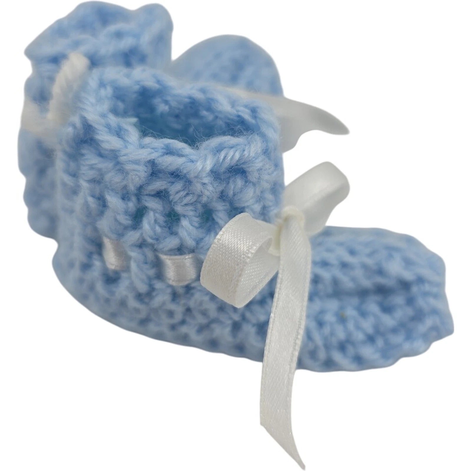 Vintage Handmade Blue Crochet Baby Booties with White Ribbon Ties – 3.5" Foot