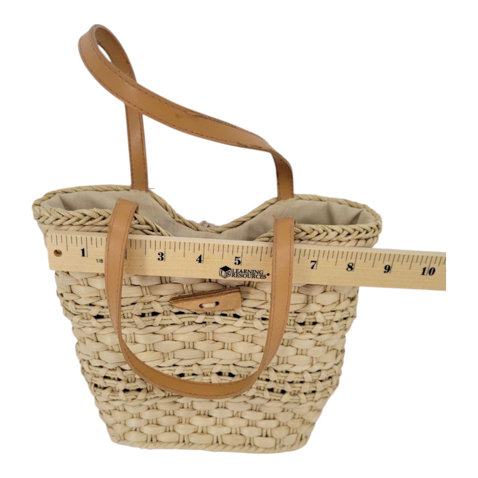 Womens Beige Tote Cornhusk Handbag with Leather Handles and Beads