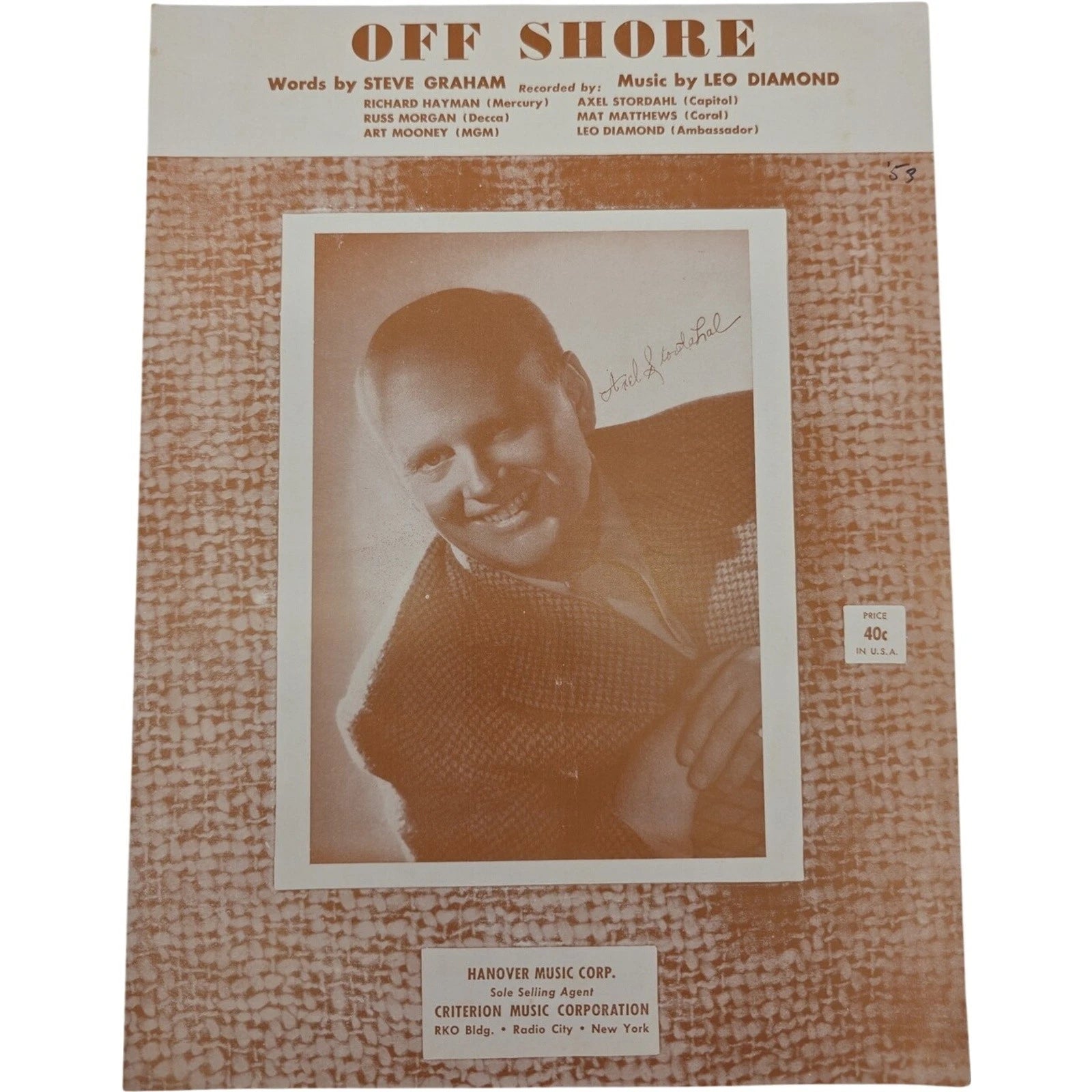 Vintage 1953 Off Shore Sheet Music by Leo Diamond Steve Graham Axel Stordahl