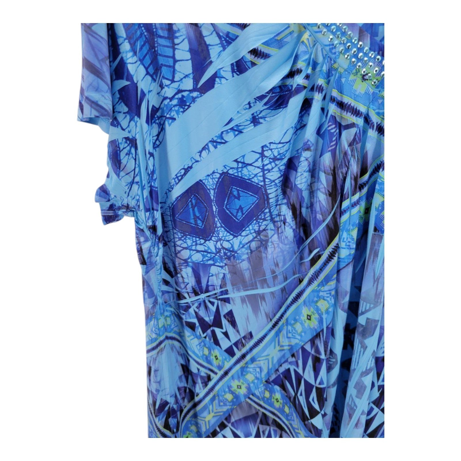 APT 9 Women's Blue Geometric V-Neck Dress Embellished Short Sleeve 2X