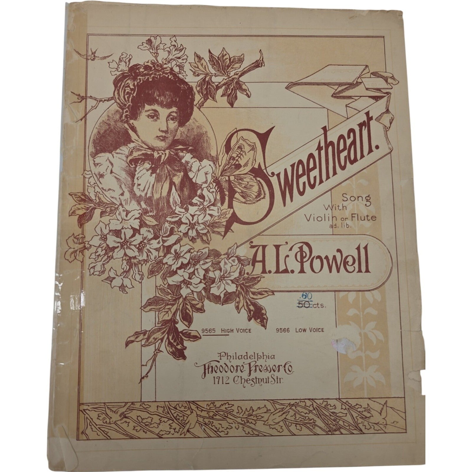 1884 Sweetheart Song with Violin of Flute Vintage Sheet Music by A.L. Powell