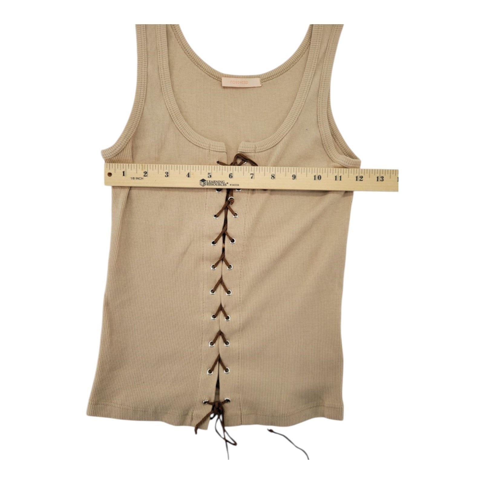 Forever 21 Women's Beige Ribbed Lace-Up Tank Top Sleeveless Fitted Size S