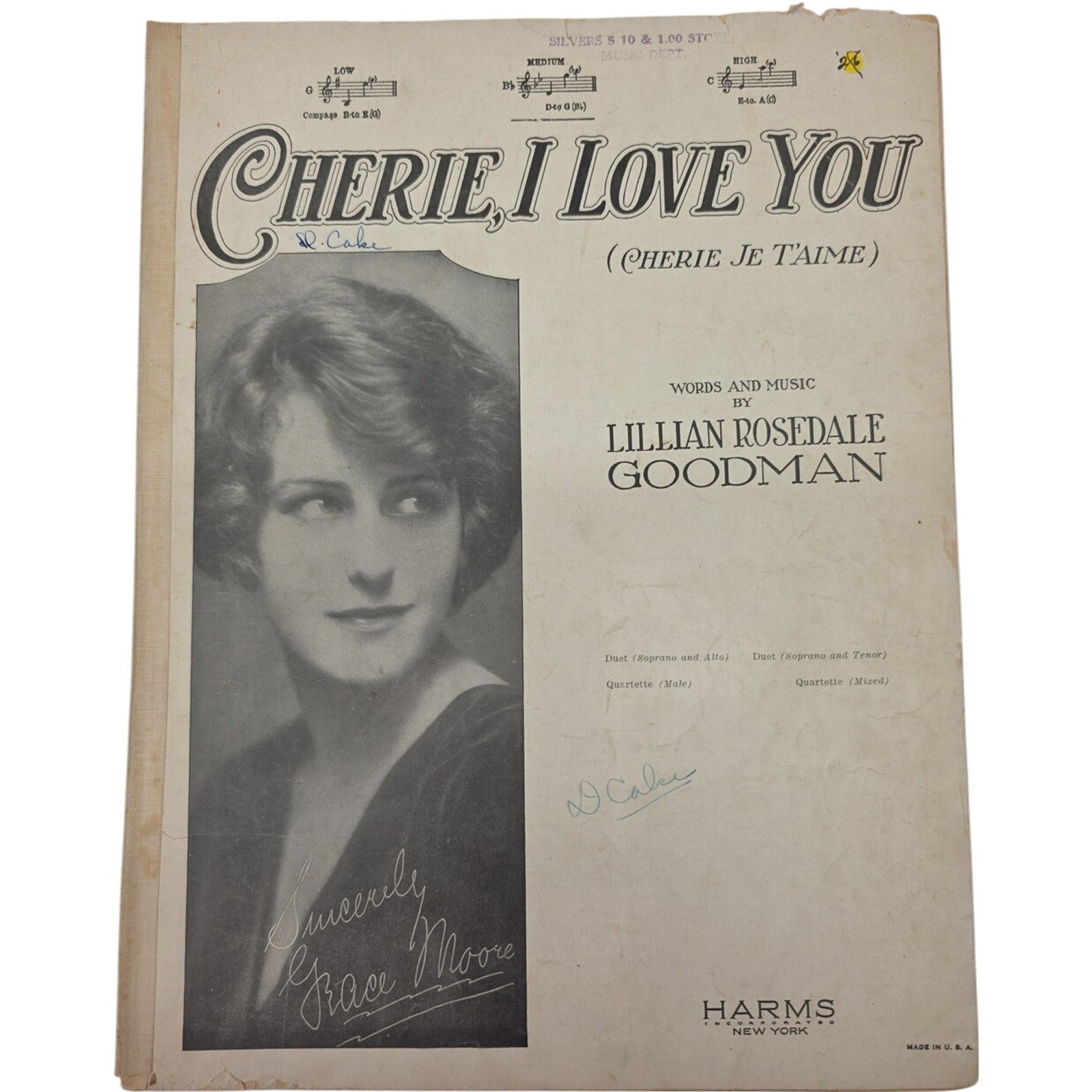 1921 Cherie I Love You Cherie Je T’aime Sheet Music by Lillian Rosedale Goodman