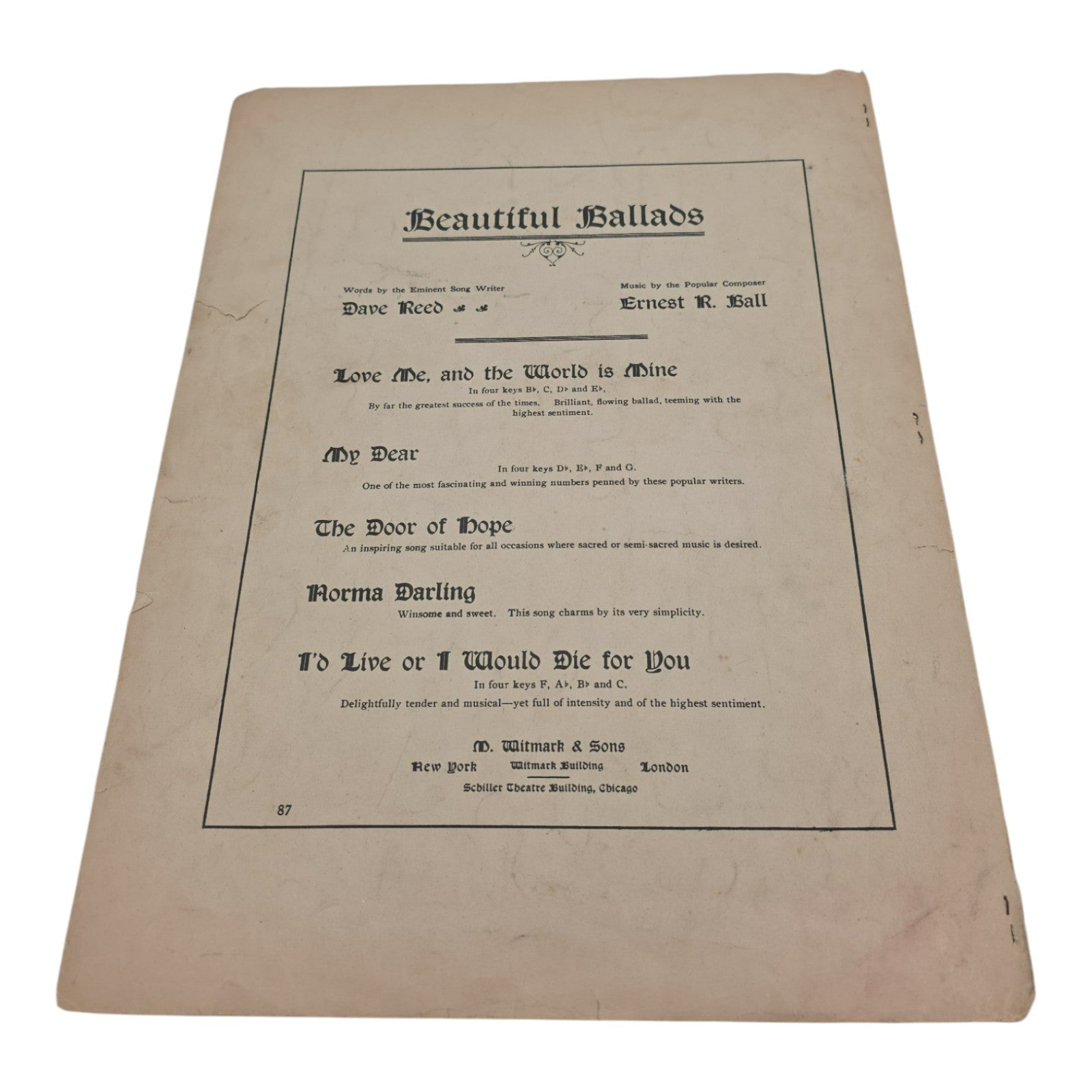 Love Me And The World Is Mine Dave Reed Ernest R Ball Piano Sheet Music 1906