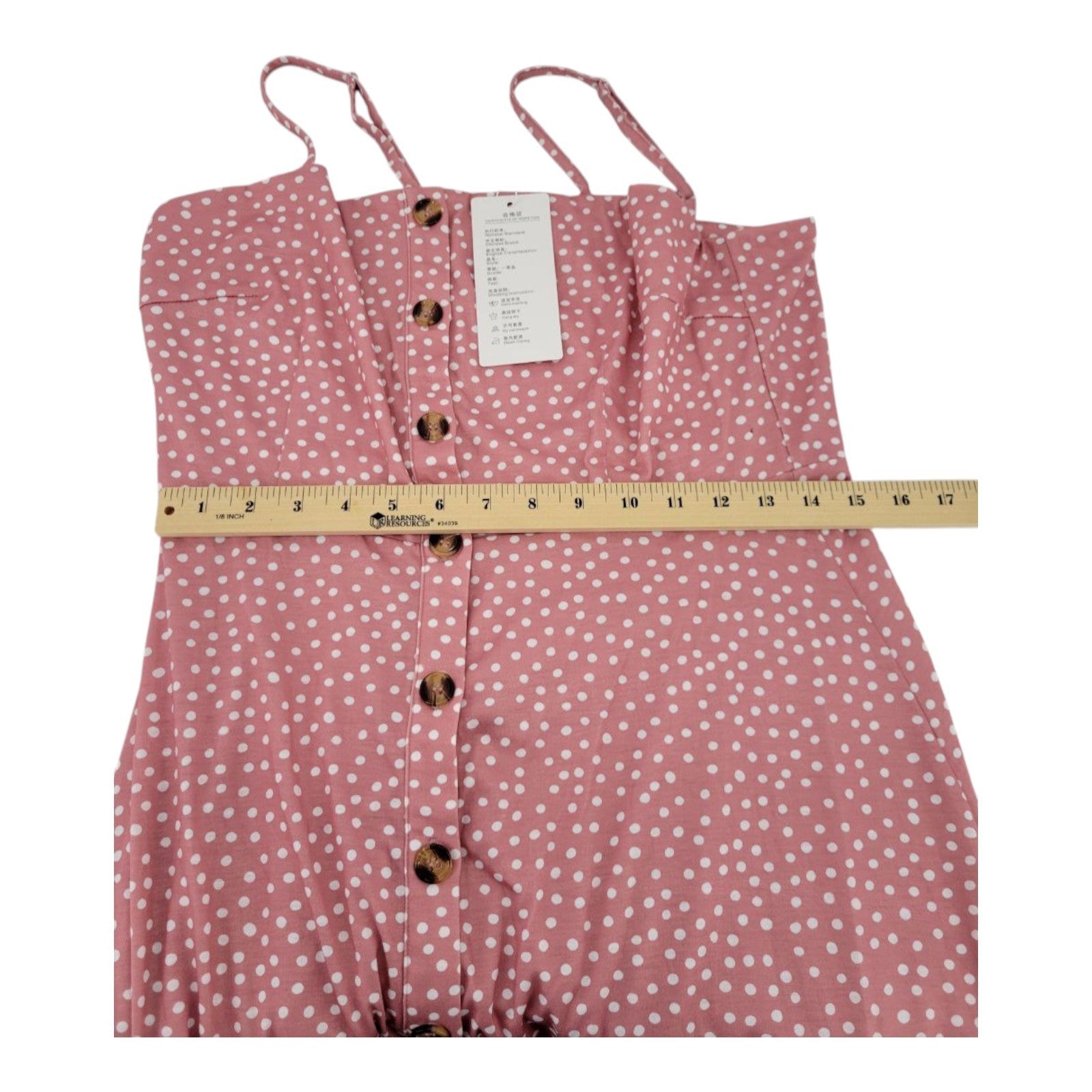 Berydress Women's Casual Pink Polka Dot Sundress L Button Front Spaghetti Strap