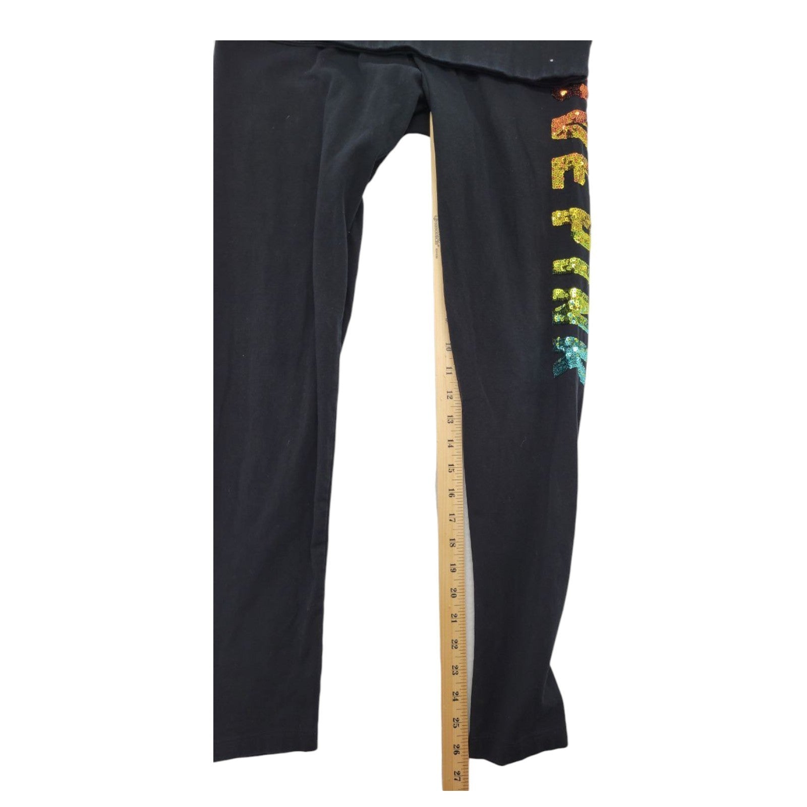 Victorias Secret PINK Bling Ombre Rainbow Sequin LOVE PINK Logo Black Leggings L