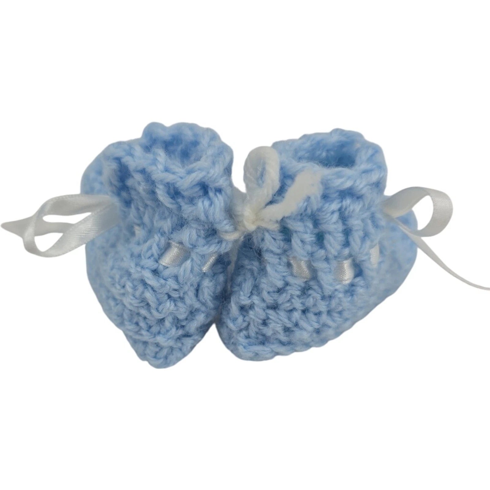 Vintage Handmade Blue Crochet Baby Booties with White Ribbon Ties – 3.5" Foot