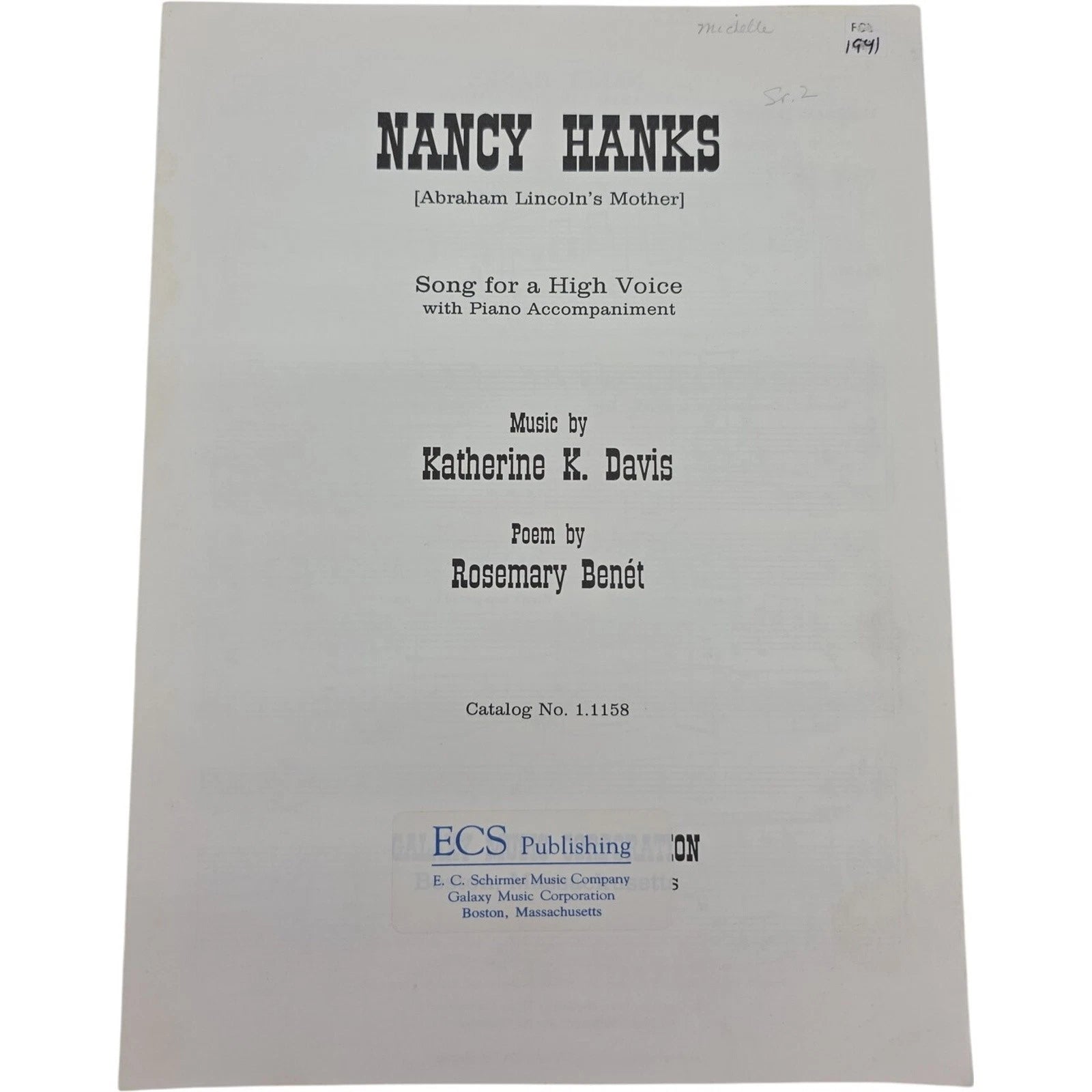 1941 Nancy Hanks Sheet Music Abraham Lincoln’s Mother Song for High Voice