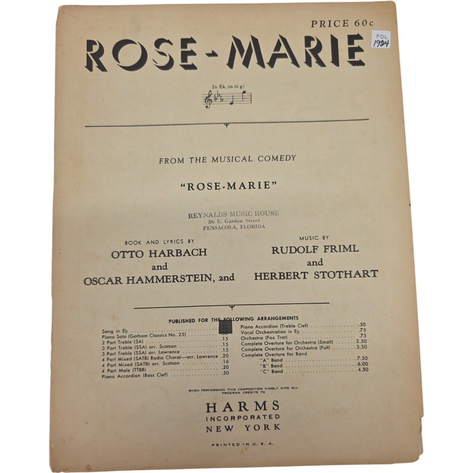 Vintage Sheet Music Rose Marie From Rose-Marie 1924 Harms Inc