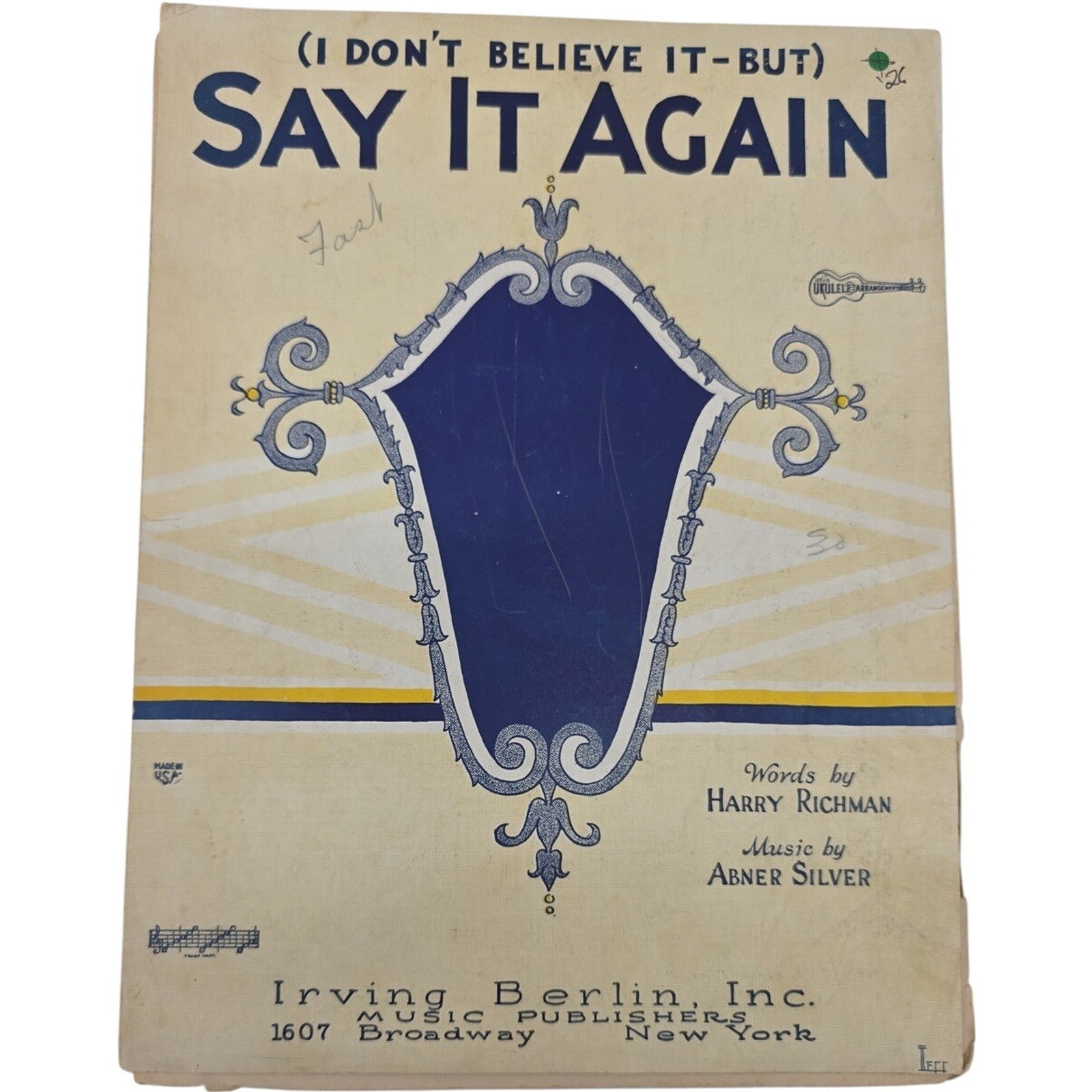 Vintage Sheet Music 1926 Say It Again I Don't Believe it But Harry Richman