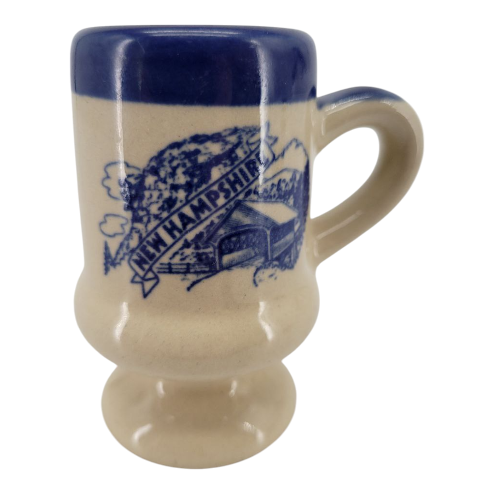 New Hampshire Vintage Souvenir Mug Blue Beige Stoneware Footed Coffee Cup