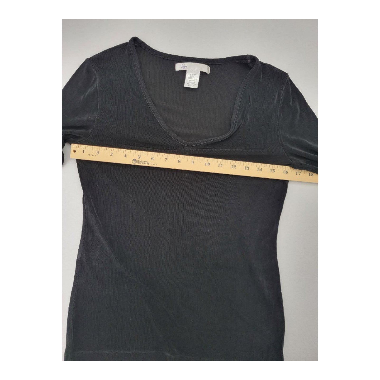 Kiara Women's Black Velvet V-Neck Top 3/4 Sleeve Stretch Acetate Blend Size M