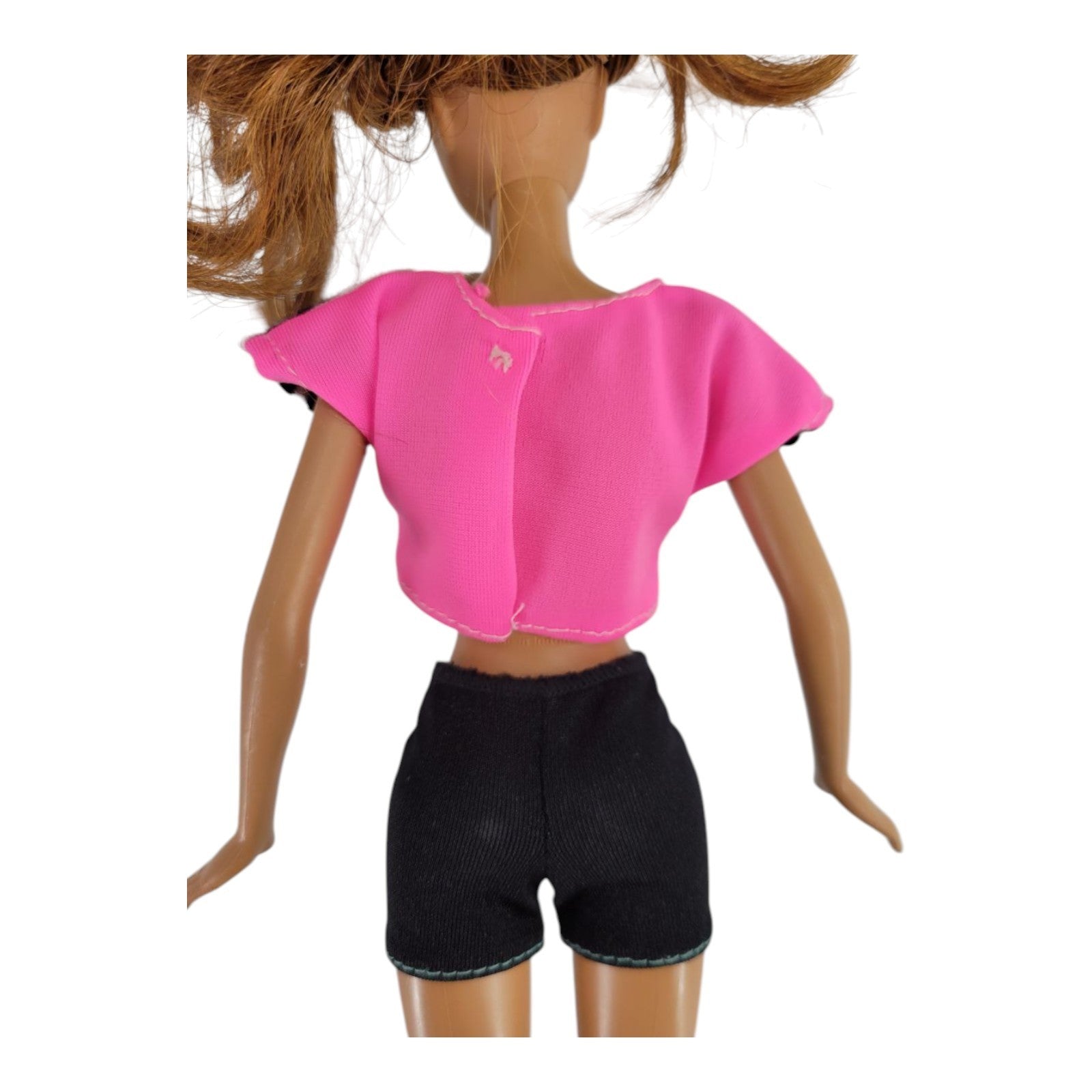 Barbie Doll Brunette Green Eyes Pink & Striped Top Black Shorts Outfit