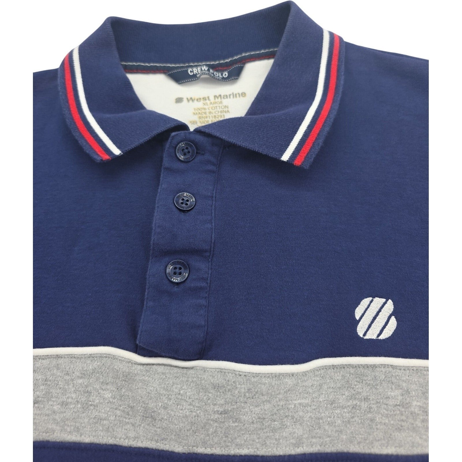 West Marine Crew Polo Shirt Navy Red Gray Striped 100% Cotton Short Sleeve XL