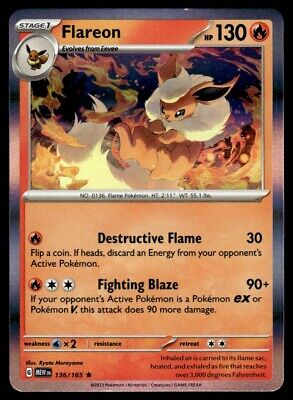 Pokemon 2023 Scarlet & Violet 151 Flareon Rare #136 Near Mint Card