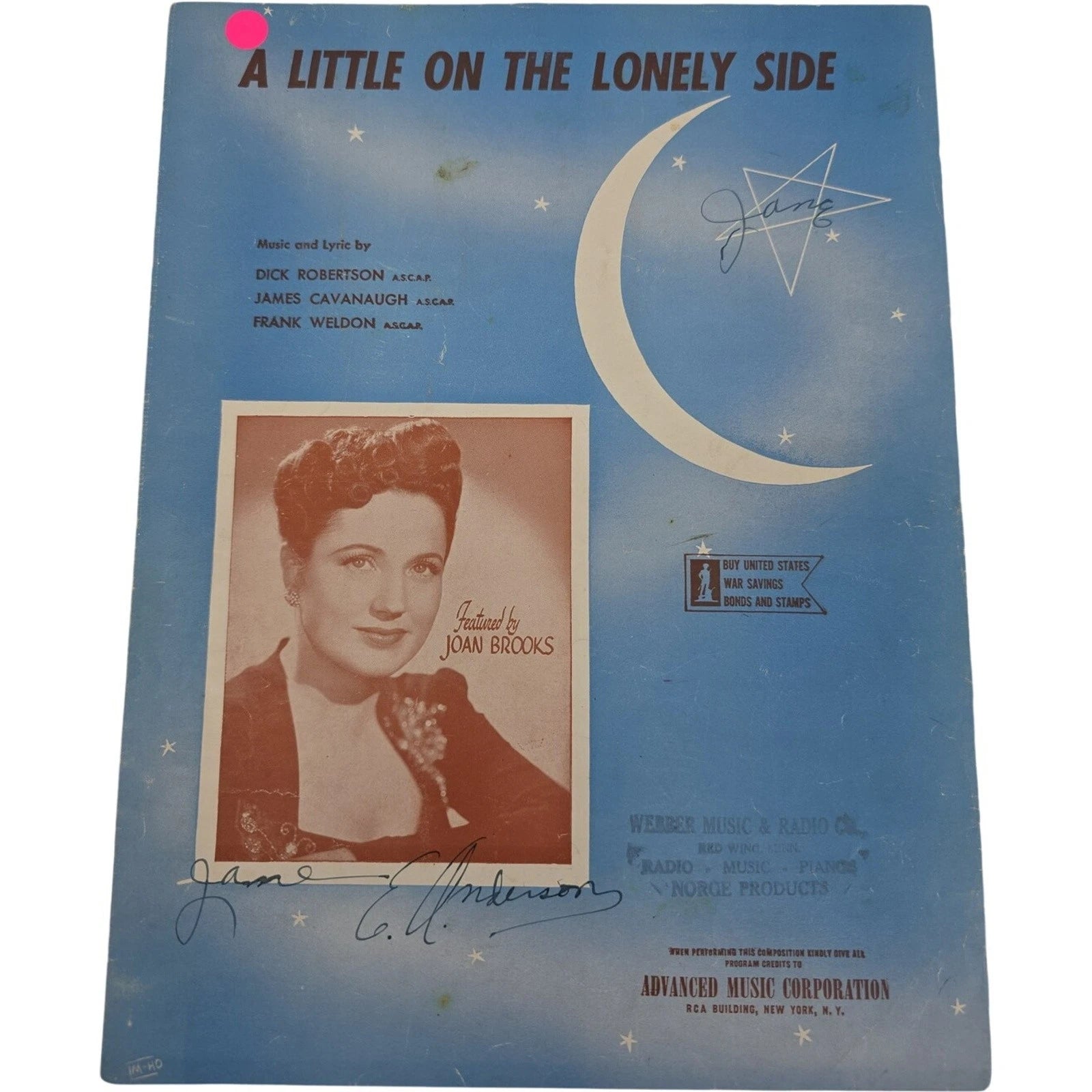 Vintage 1944 Sheet Music A Little on the Lonely Side Featured by Joan Brooks