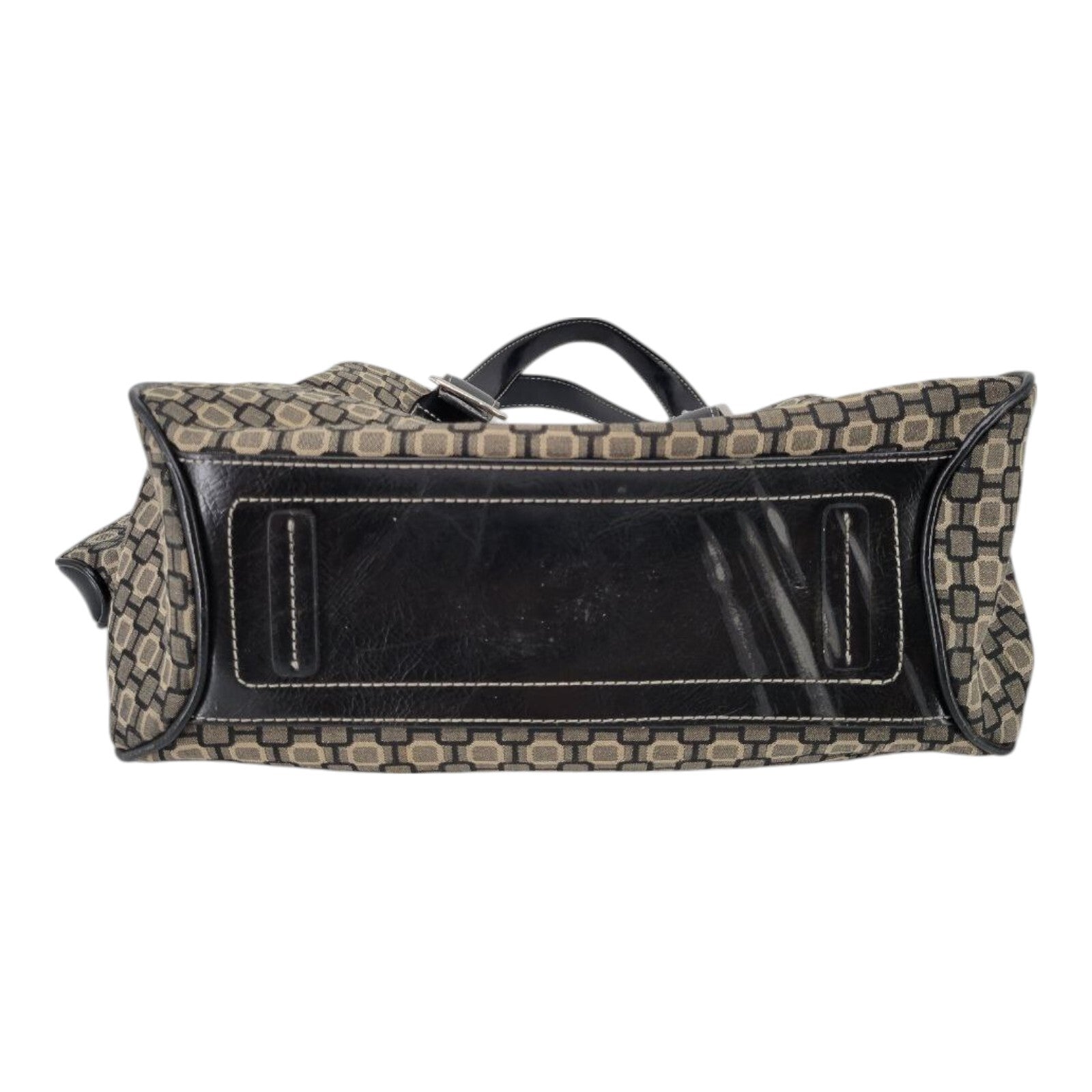 Nine West Black Brown Geometric Print Canvas Handbag Purse Leather Straps