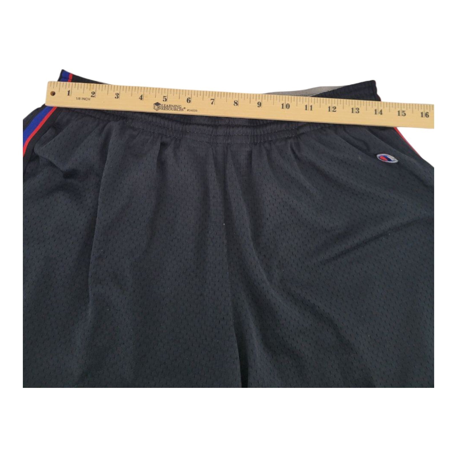 Champion Black Mesh Athletic Shorts Red Blue Trim Elastic Waist Size Large