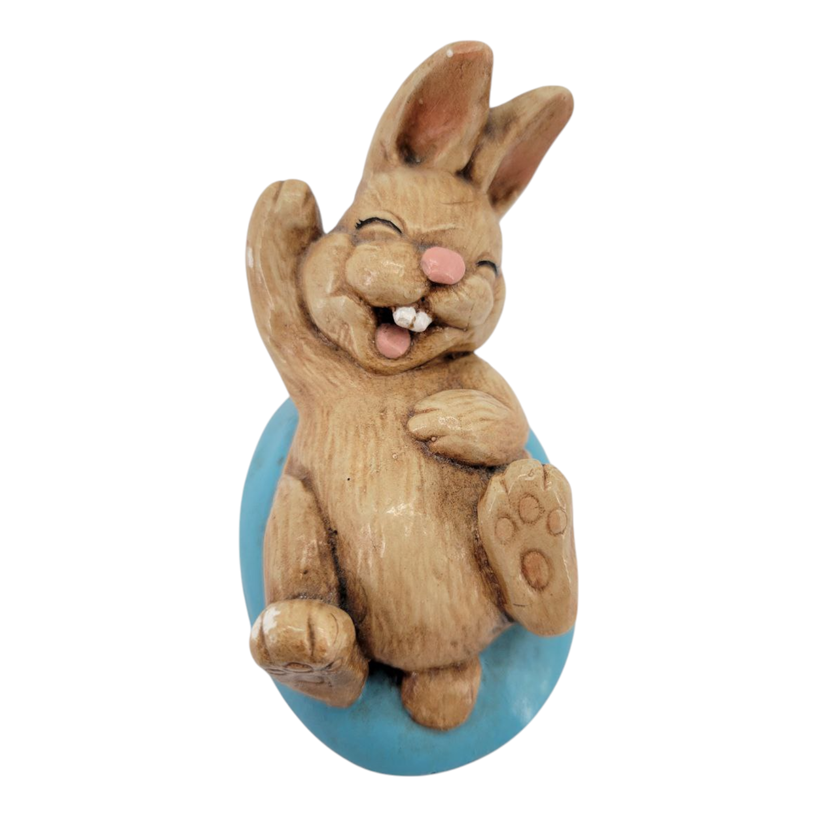 Vintage Laughing Bunny Brown Resin Rabbit Figurine on Blue Base Collectible