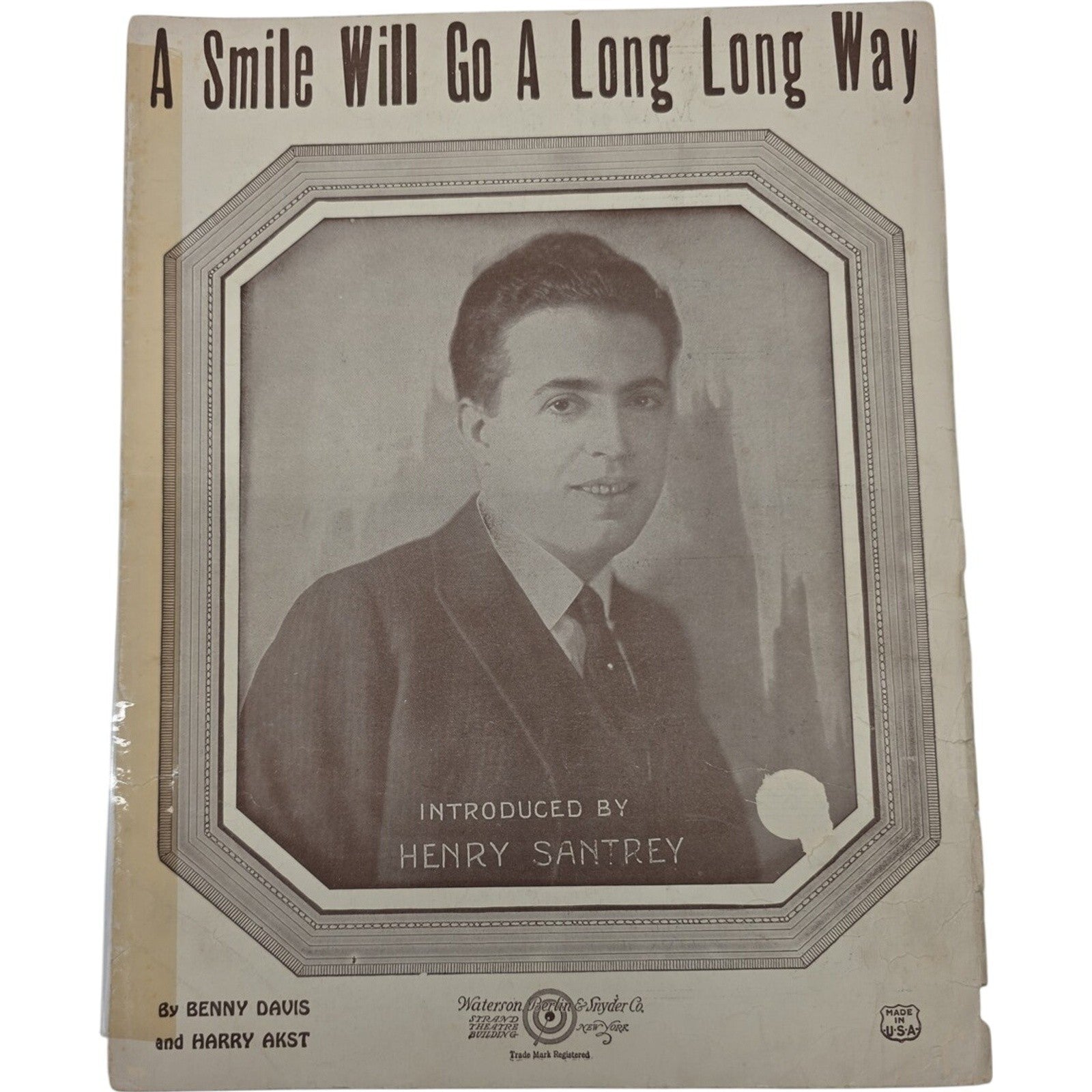 1923 A Smile Will Go a Long Long Way Vintage Sheet Music feat by Henry Santrey