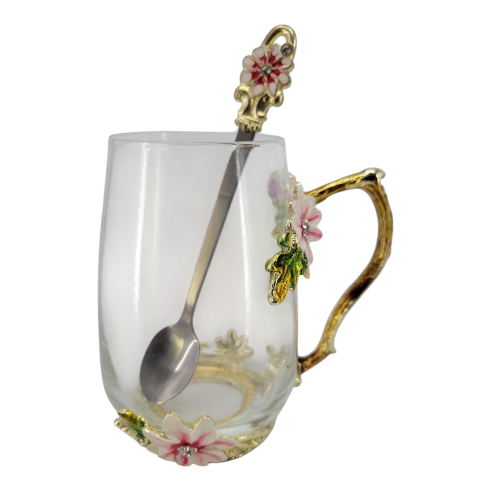 Glass Enamel Milk Tea Coffee Cup and Spoon Set Pink Flower with Gold Handle