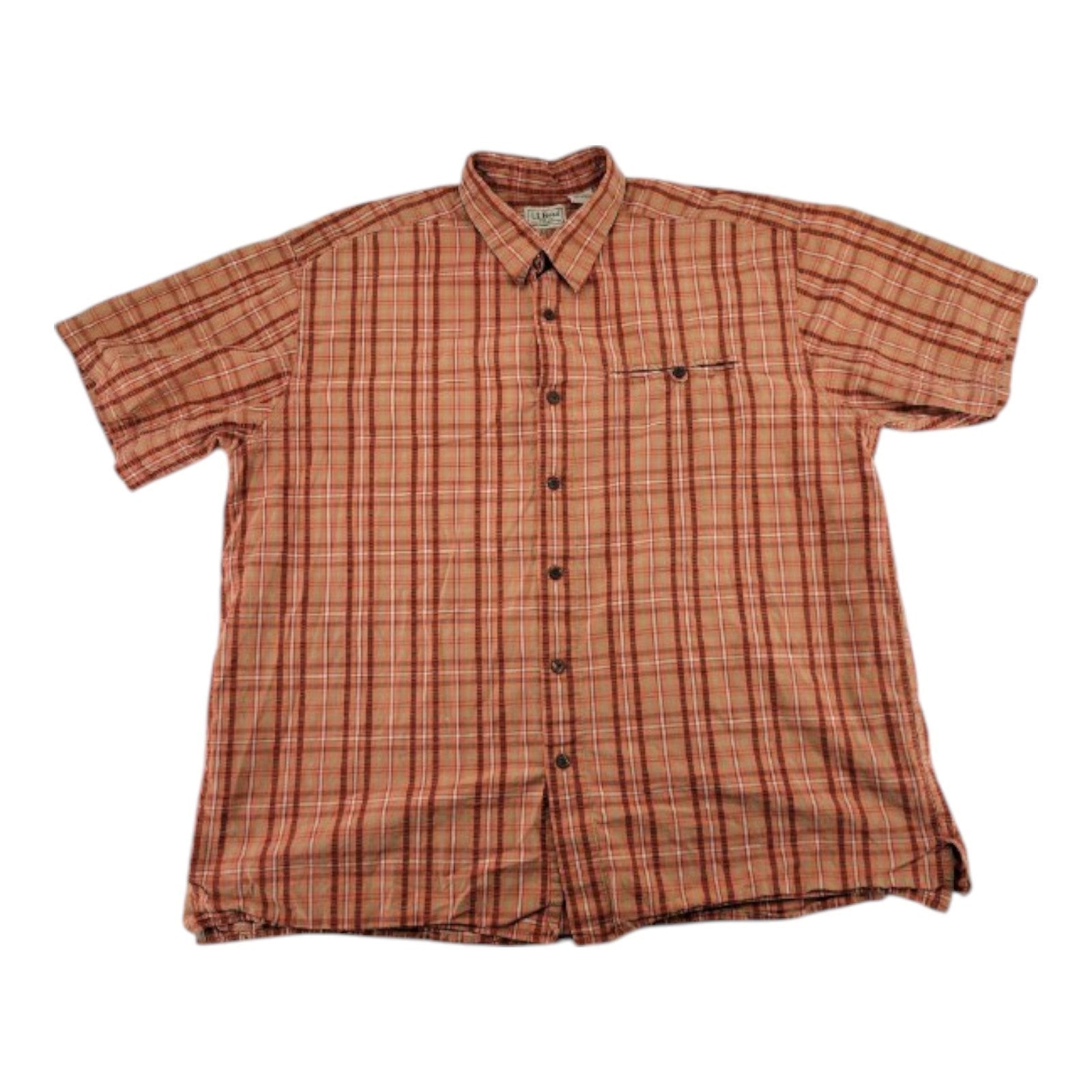 L.L. Bean Men's XL Plaid Shirt Orange Short Sleeve Button Front Cotton