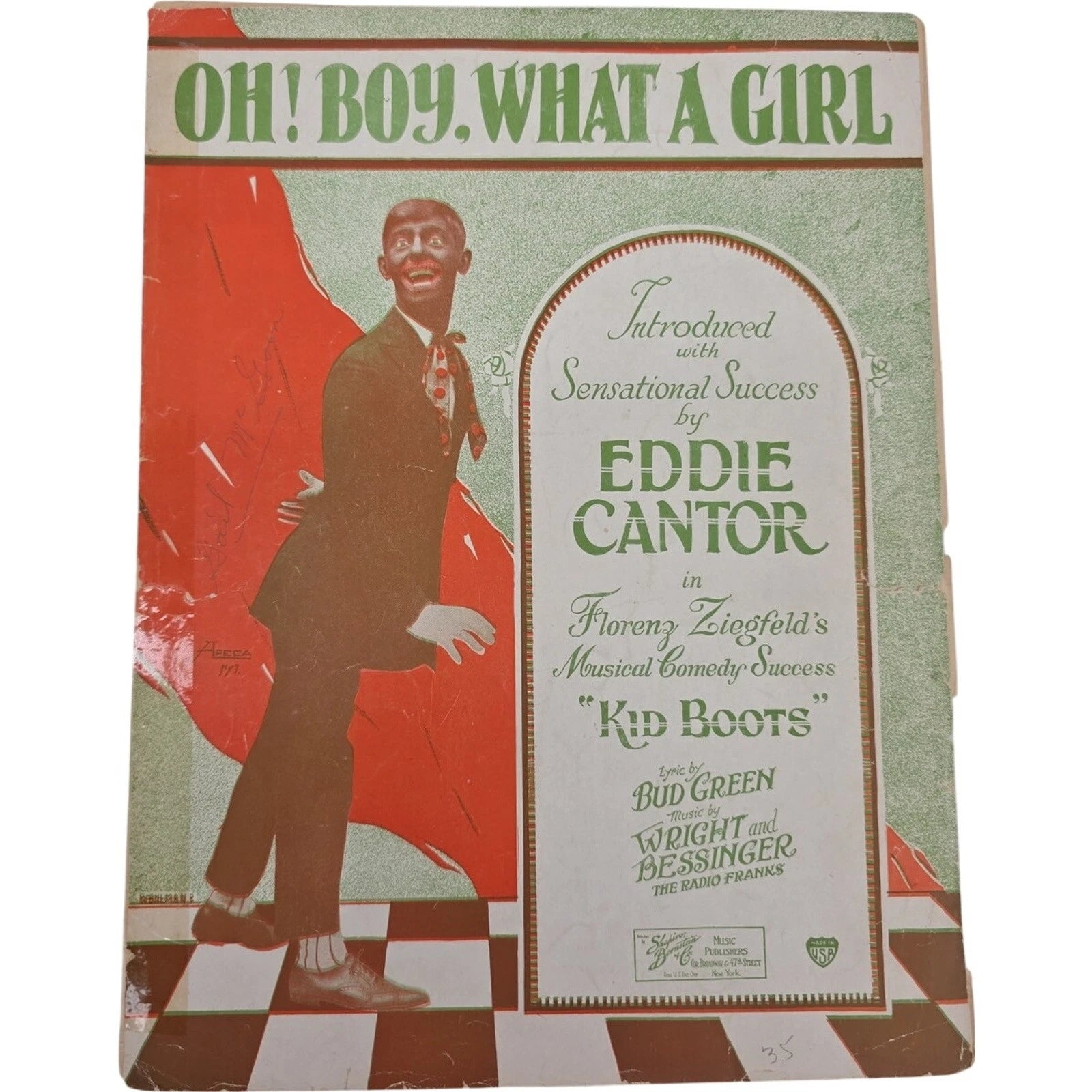 Oh Boy What a Girl 1925 Sheet Music Eddie Cantor Florenz Ziegfeld’s Kid Boots