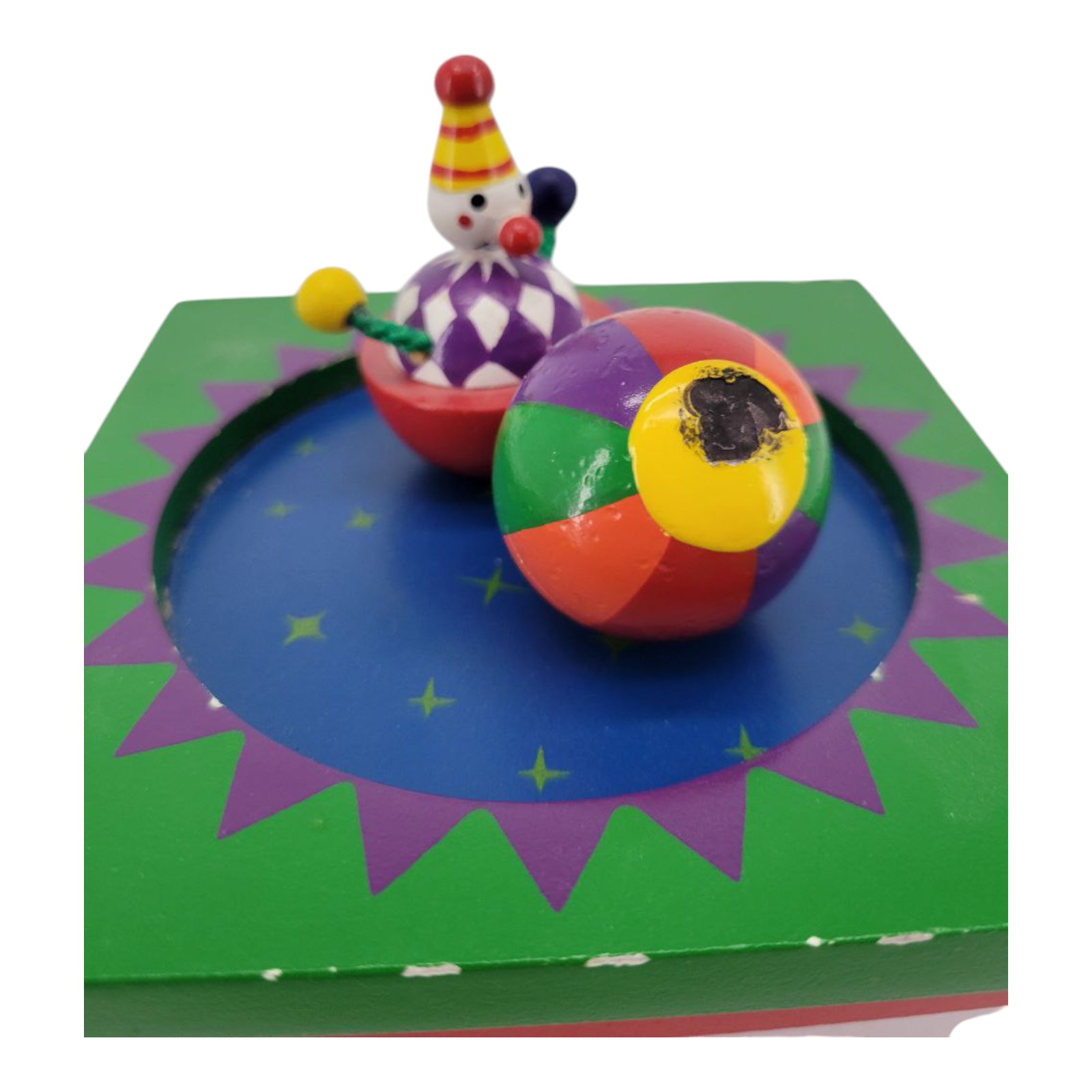 Vintage Wooden Magnetic Circus Clown and Ball Cartoon Music Box