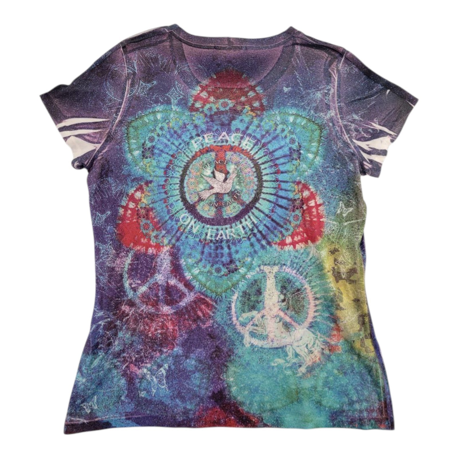 B.L.E.U. Women's Peace On Earth Rhinestone Tee USA Made Graphic XL