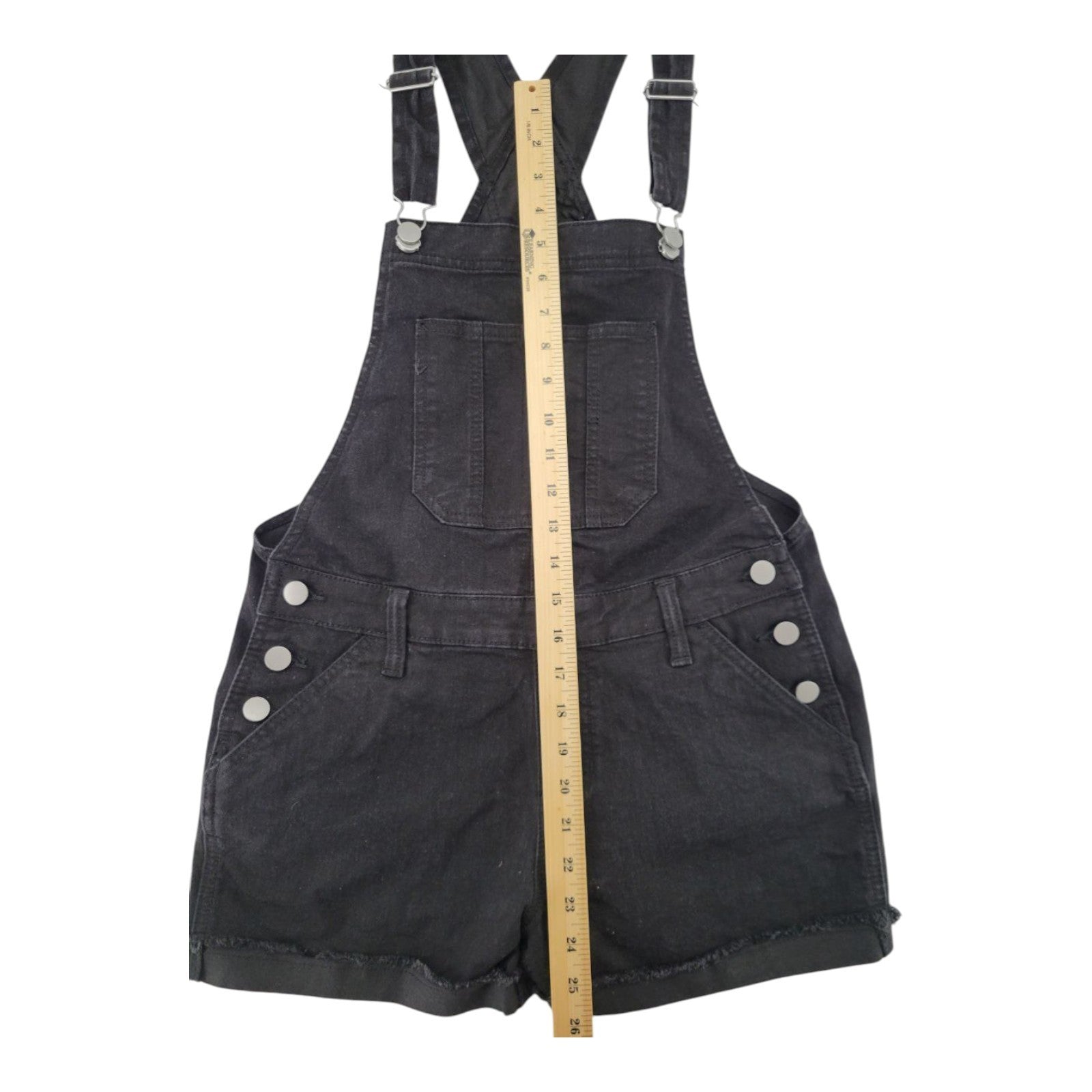 No Boundaries NOBO Women's Black Denim Overall Shorts Frayed Hem Size M (7-9)