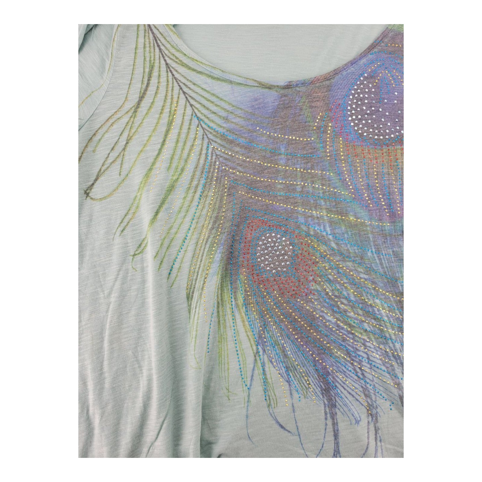 One World Live and Let Live Sage Green Boho Peacock Top Short Sleeve Size 2X