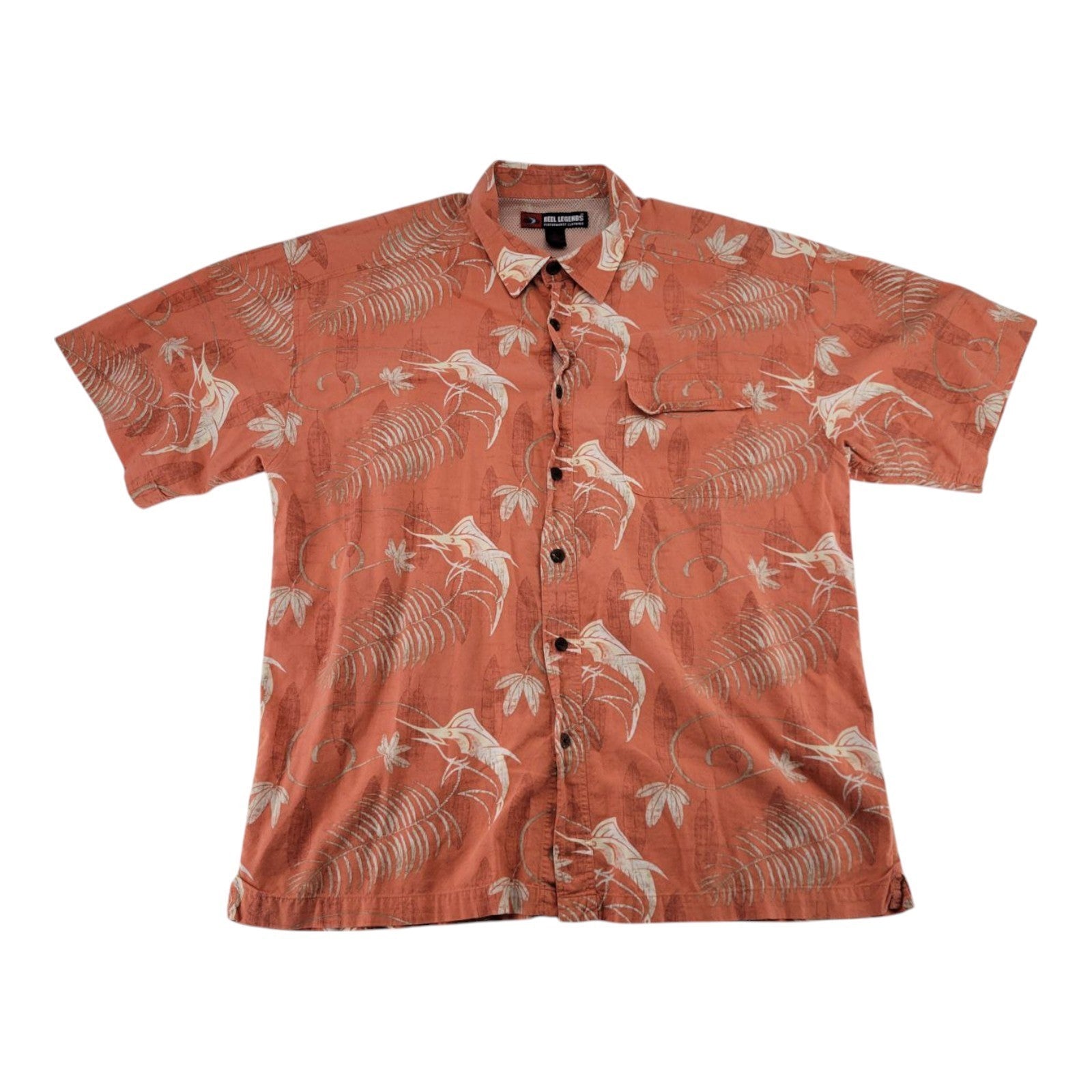 Reel Legends Mens Orange Tropical Fishing Shirt Button Up Short Sleeve XXL