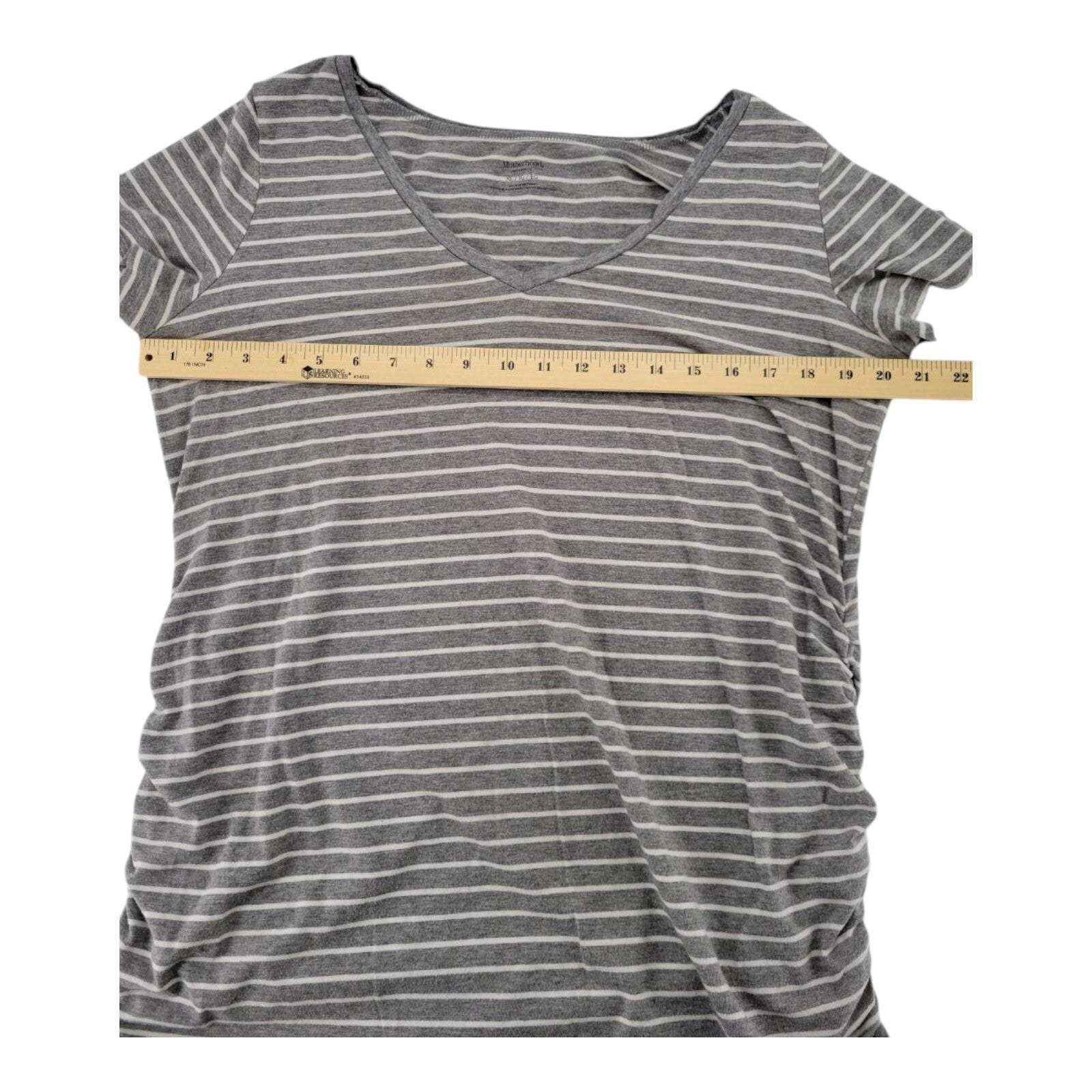 Motherhood Maternity Gray White Stripe T-Shirt Top Side Ruched V Neck Size XL