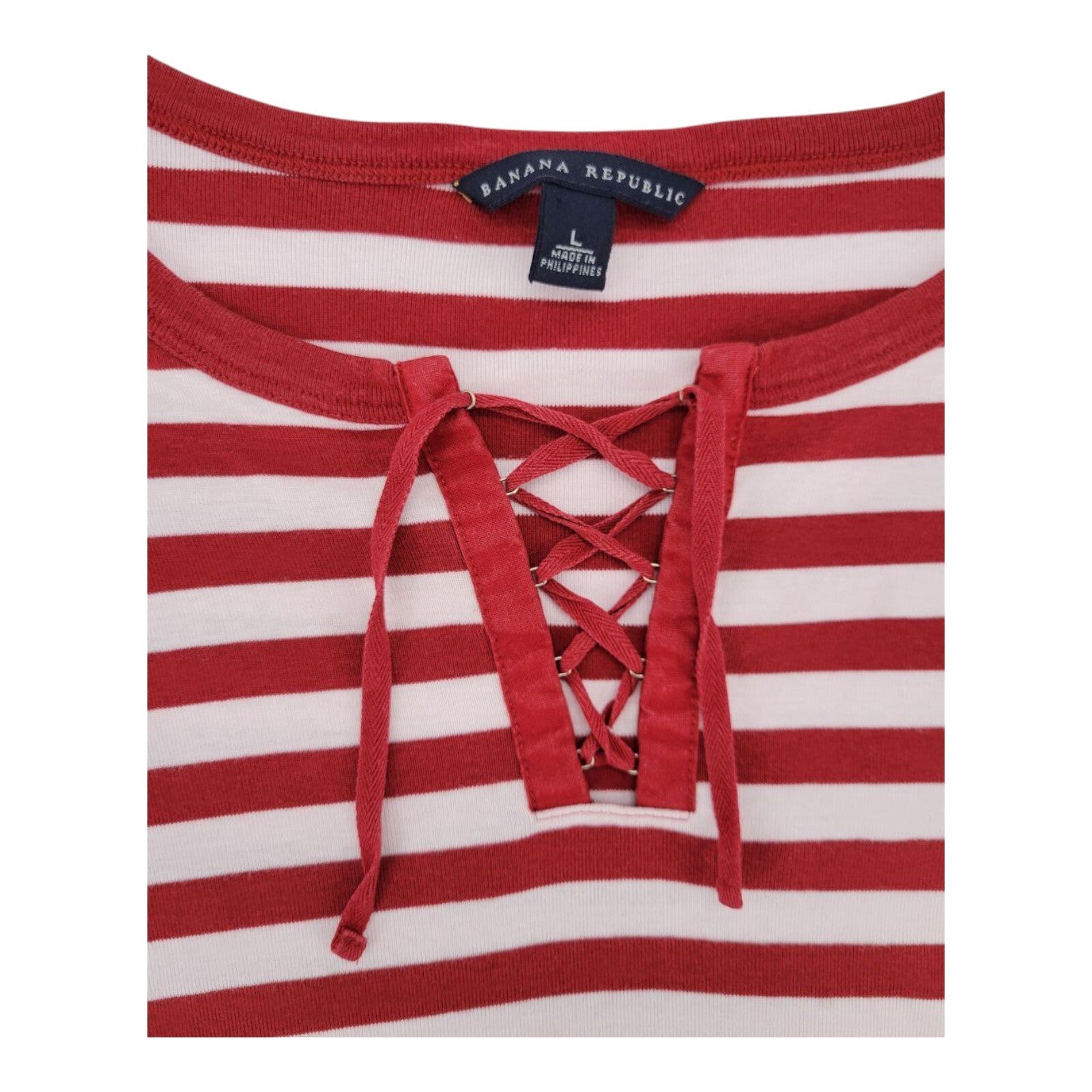 Banana Republic Red White Striped Lace Up Top Womens Short Sleeve Size L