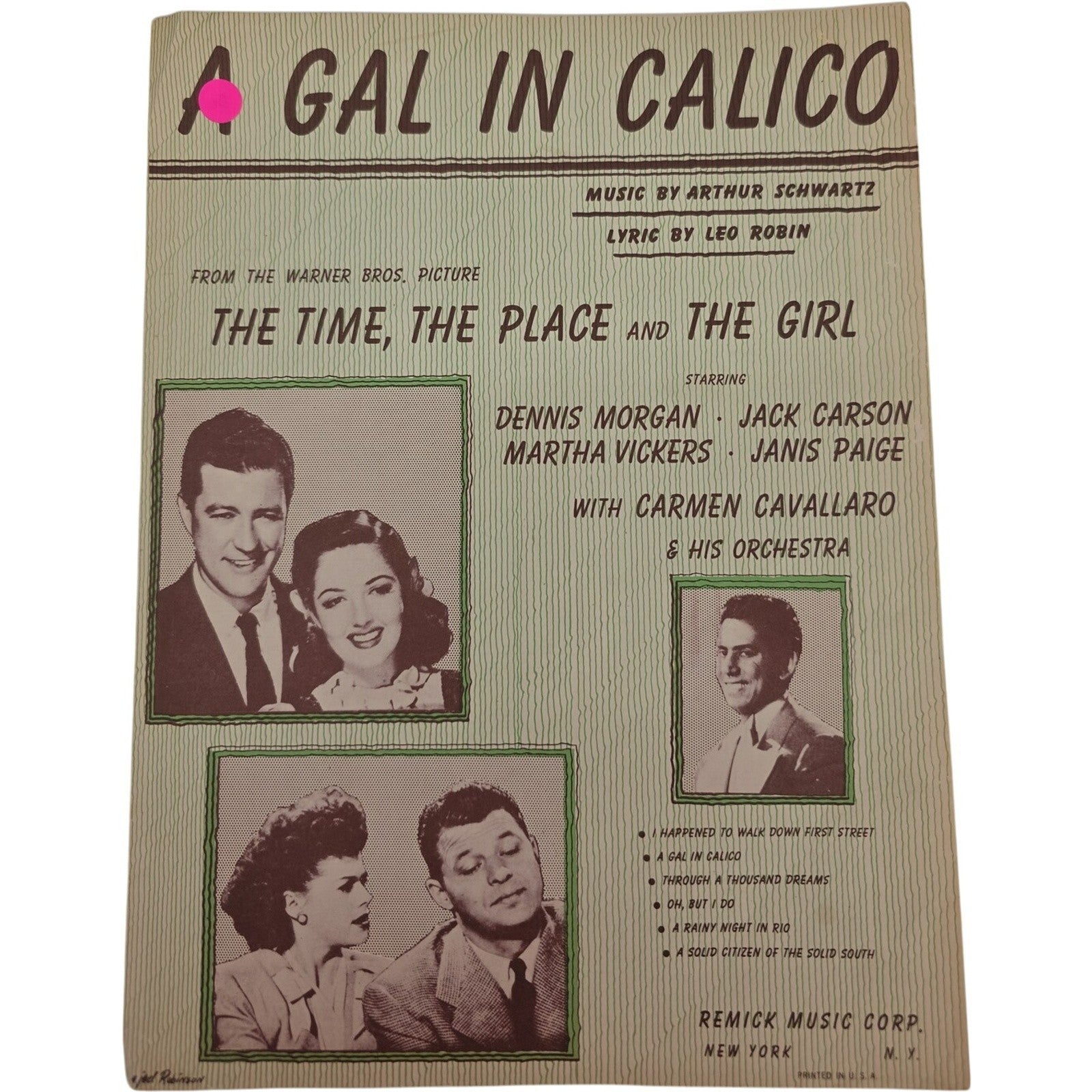 Vintage 1946 A Gal In Calico Dennis Morgan & Jack Carson Sheet Music