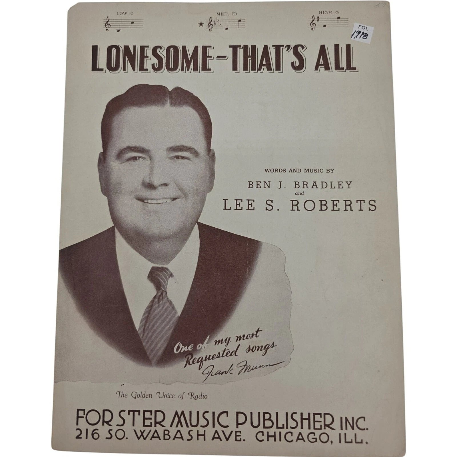 Vintage 1942 Sheet Music Lonesome That's All by Ben J. Bradley and Lee S Roberts