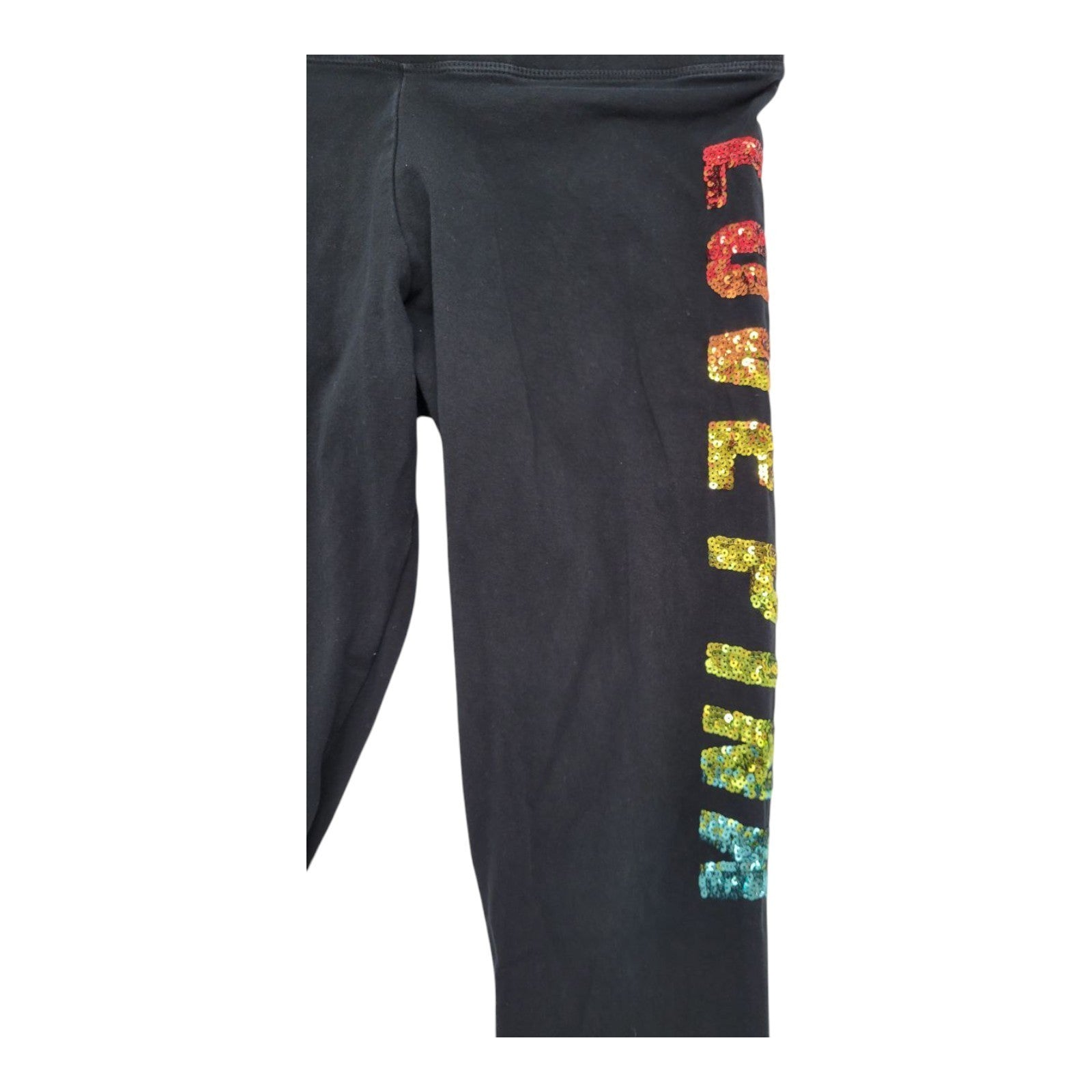 Victorias Secret PINK Bling Ombre Rainbow Sequin LOVE PINK Logo Black Leggings L
