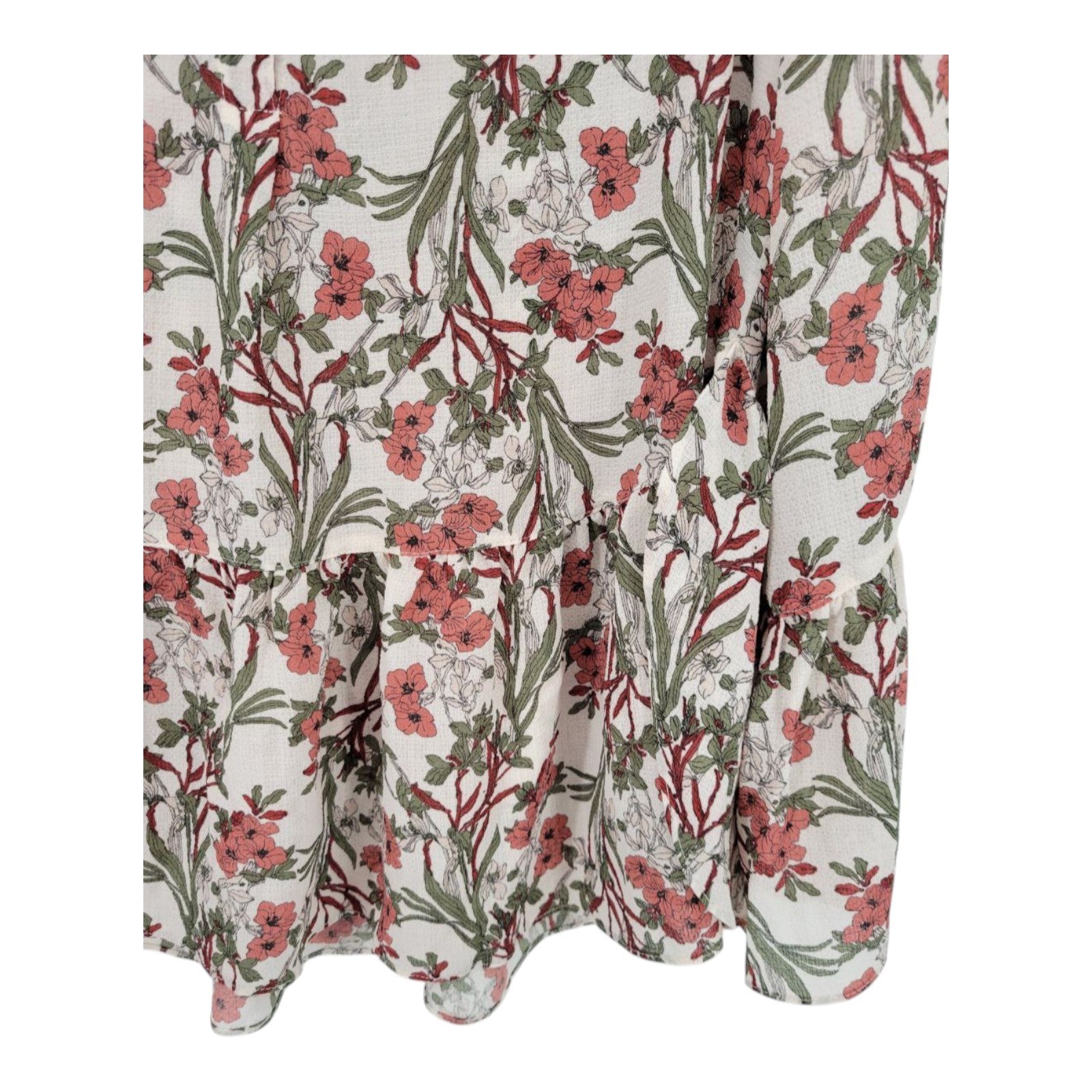 Max Studio Women's Floral Blouse XS White Pink Green Ruffle Hem Long Sleeve