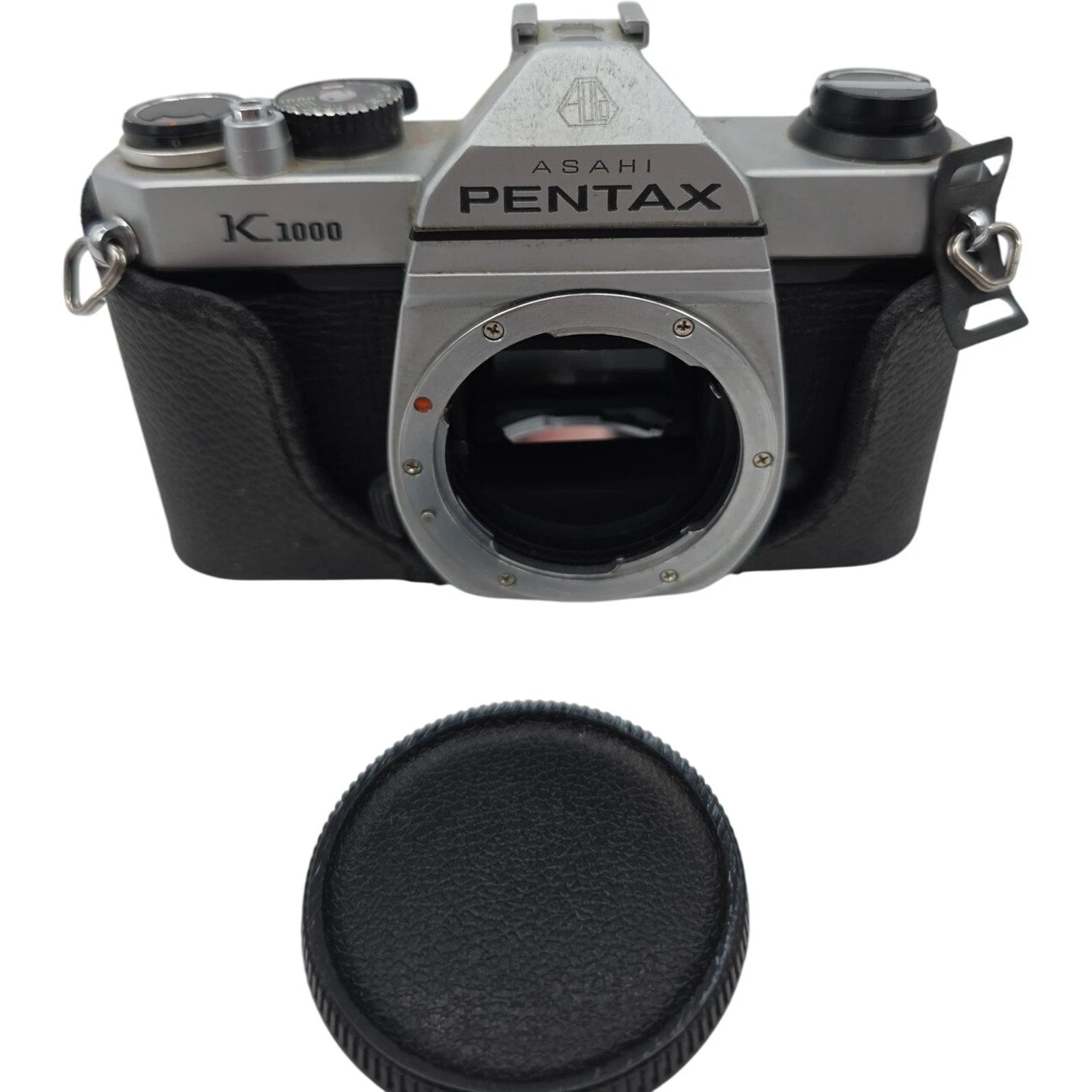 Asahi Pentax K1000 35mm SLR Film Camera Body Only Japan w/ Leather Case & Cap