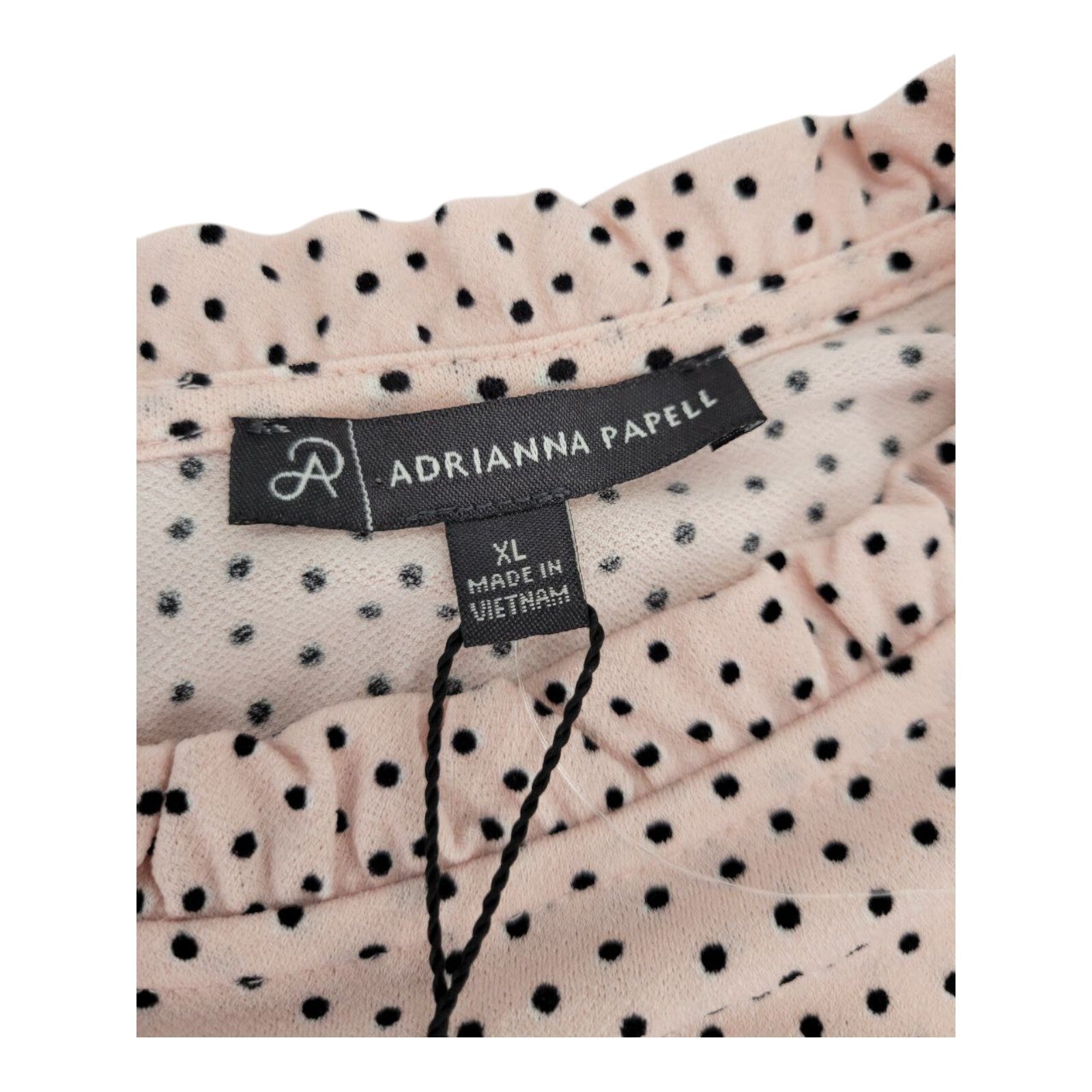 Adrianna Papell Pink Polka Dot Blouse Womens Ruffle Neck Puff Sleeves Size XL