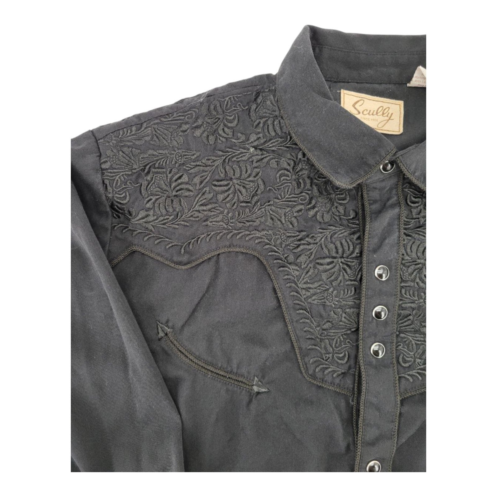 Scully Men's Western Shirt Black XL Embroidered Pearl Snaps Long Sleeve