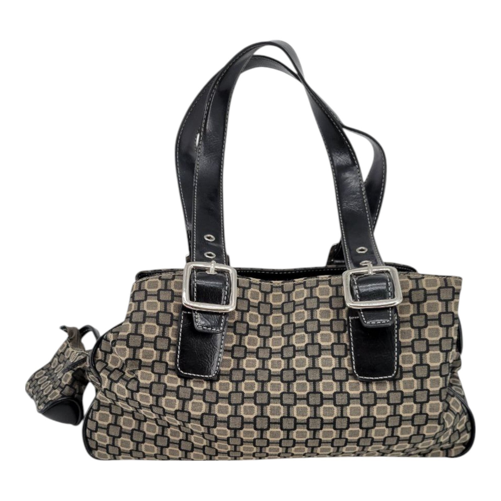 Nine West Black Brown Geometric Print Canvas Handbag Purse Leather Straps