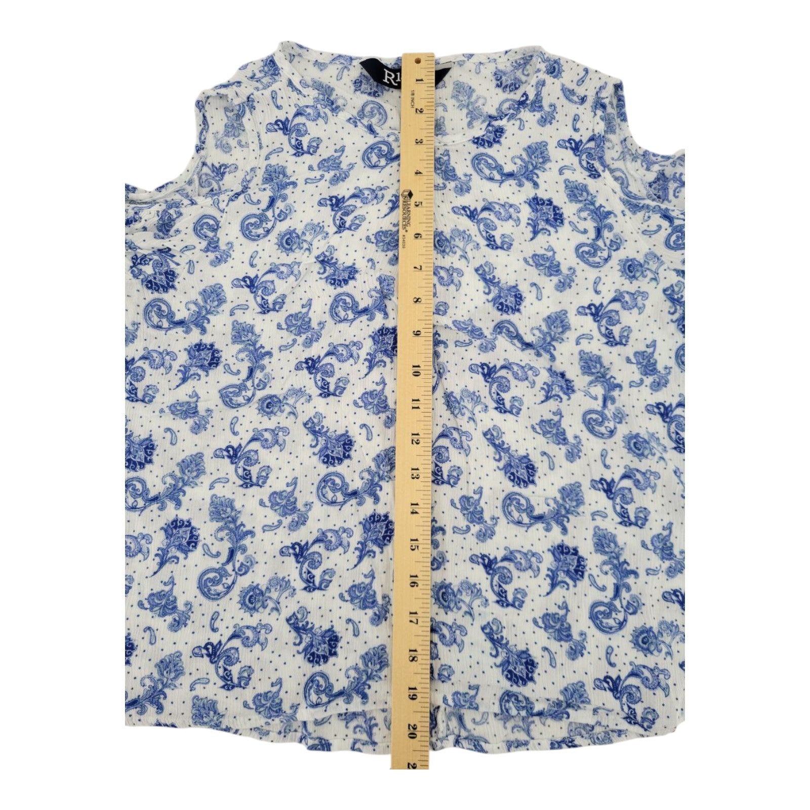 R1893 Womens Cold Shoulder Blue Paisley Print Top Button Neck