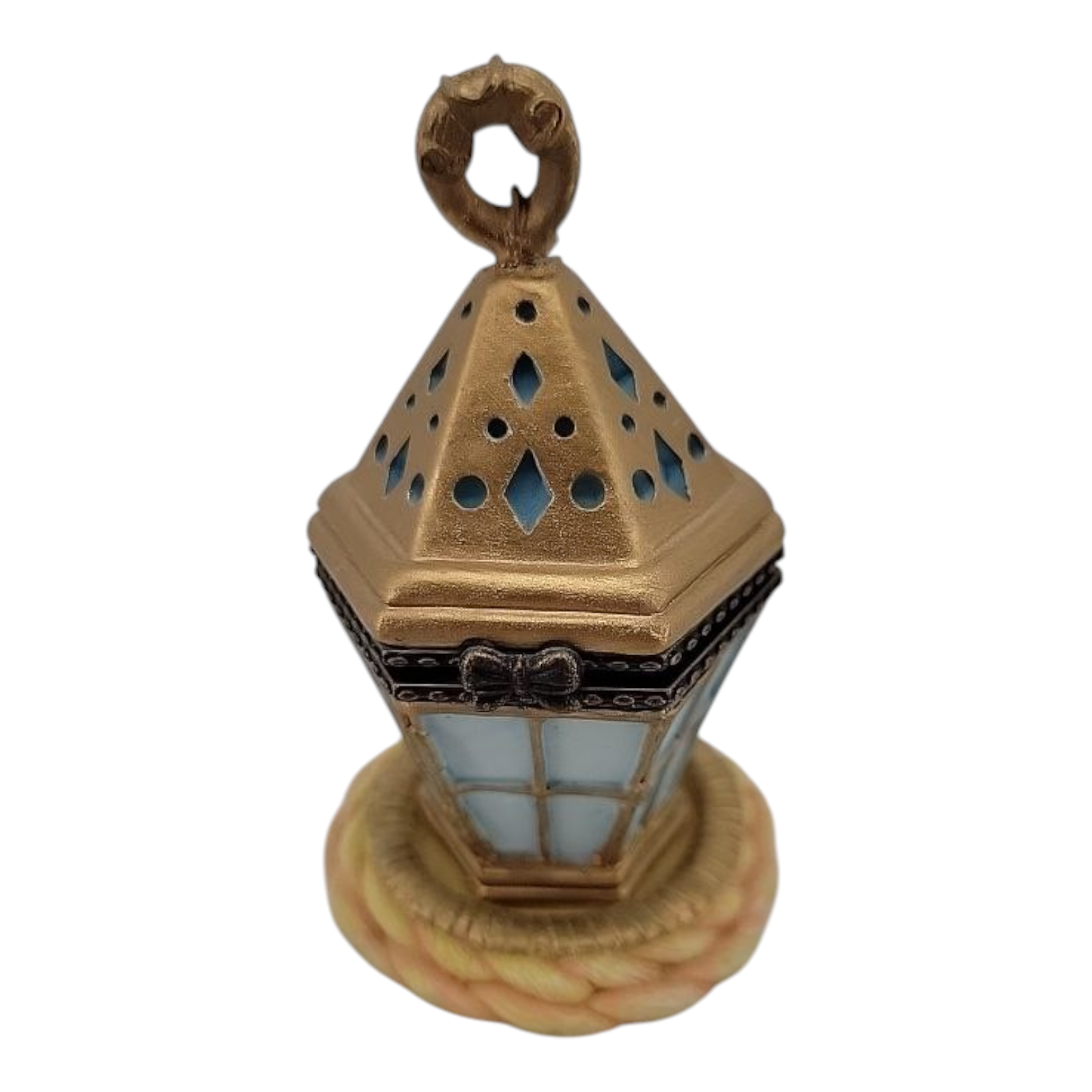 Vintage Lantern Hinged Trinket Box Gold & Blue Porcelain Miniature Collectible