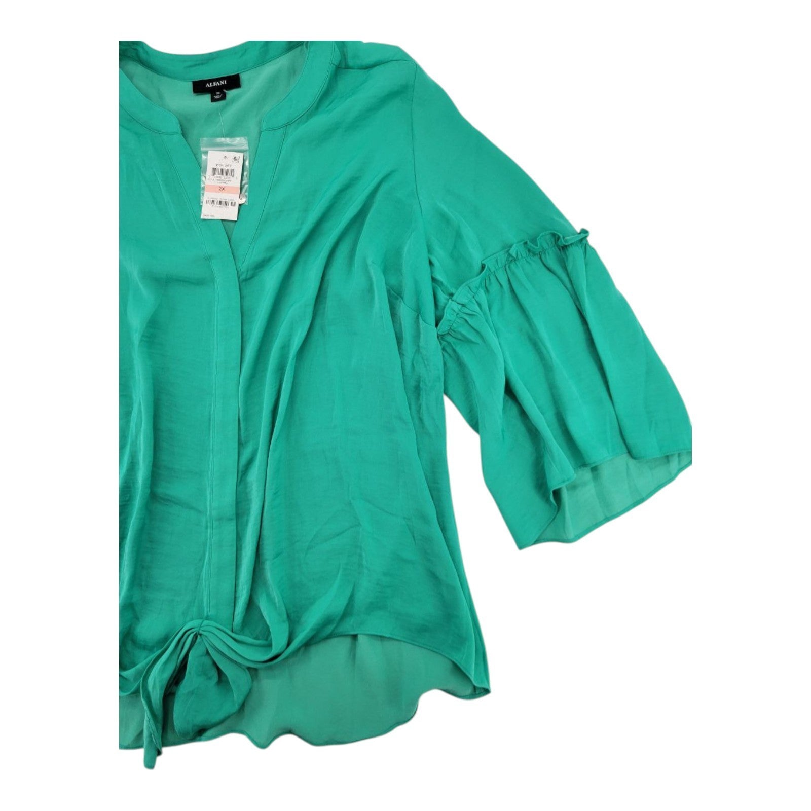 Alfani Plus Women's Green Tie Front Blouse Split Neck Bell Sleeve Top NWT 2X