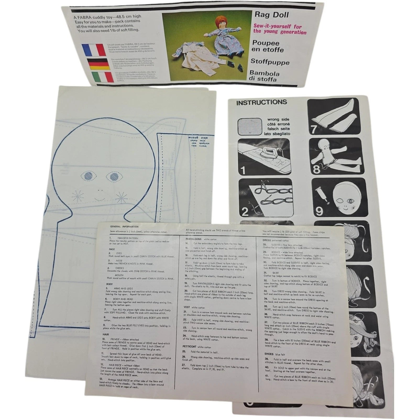 Vintage Rag Doll Sew-It-Yourself Kit FABRA, 48.5 cm - Unfinished