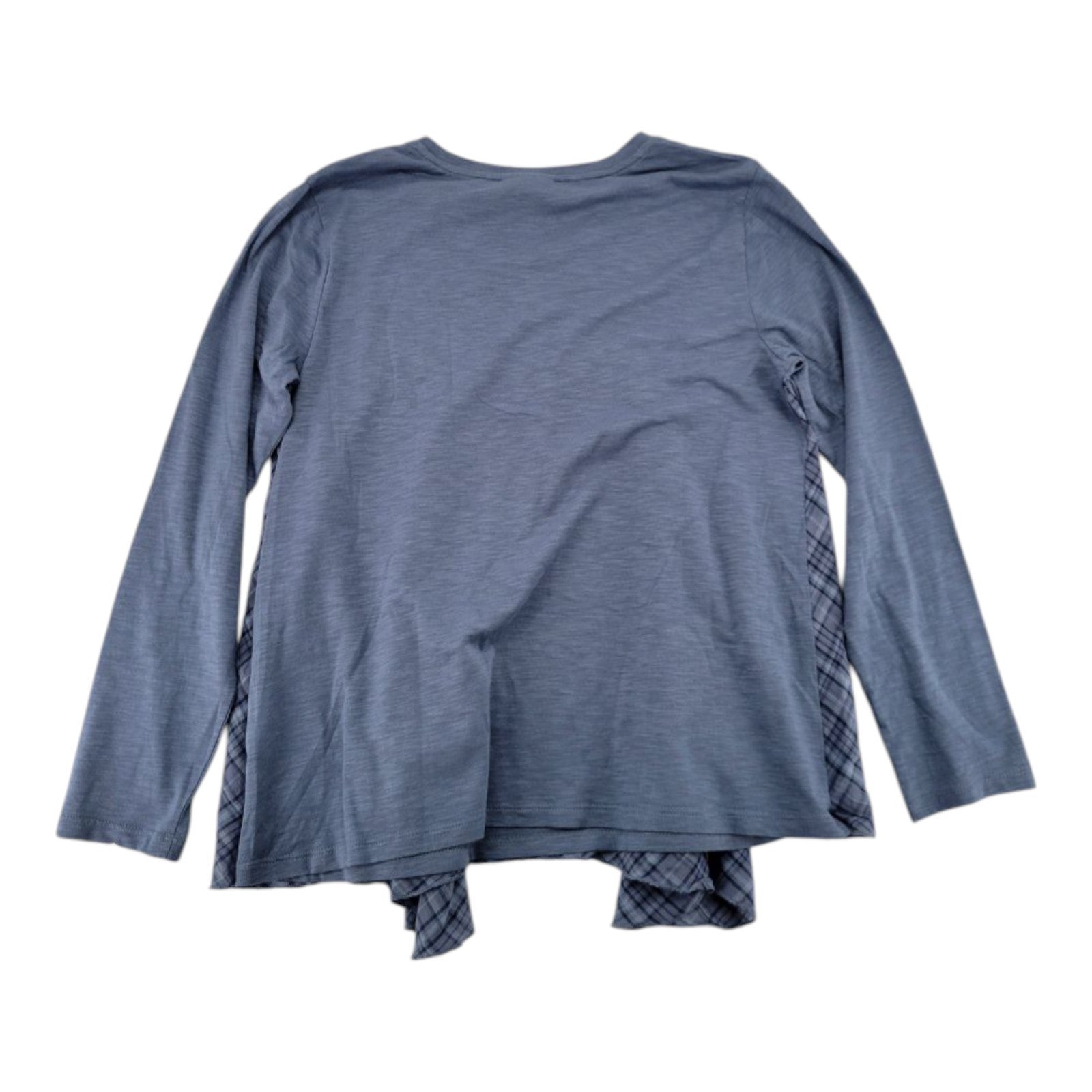 Style & Co Women's Blue Plaid Peplum Top Long Sleeve Mixed Media Scallop M