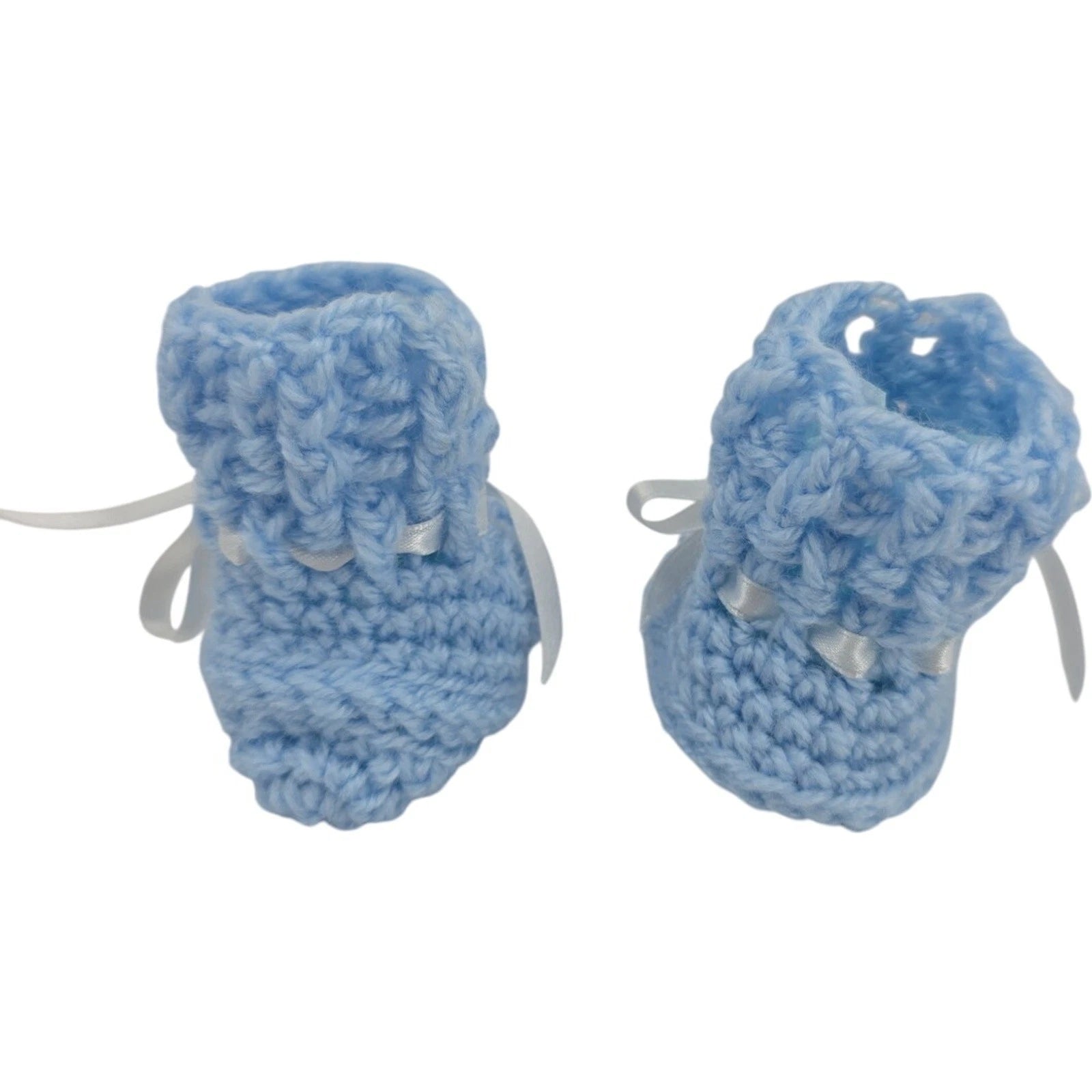 Vintage Handmade Blue Crochet Baby Booties with White Ribbon Ties – 3" Foot
