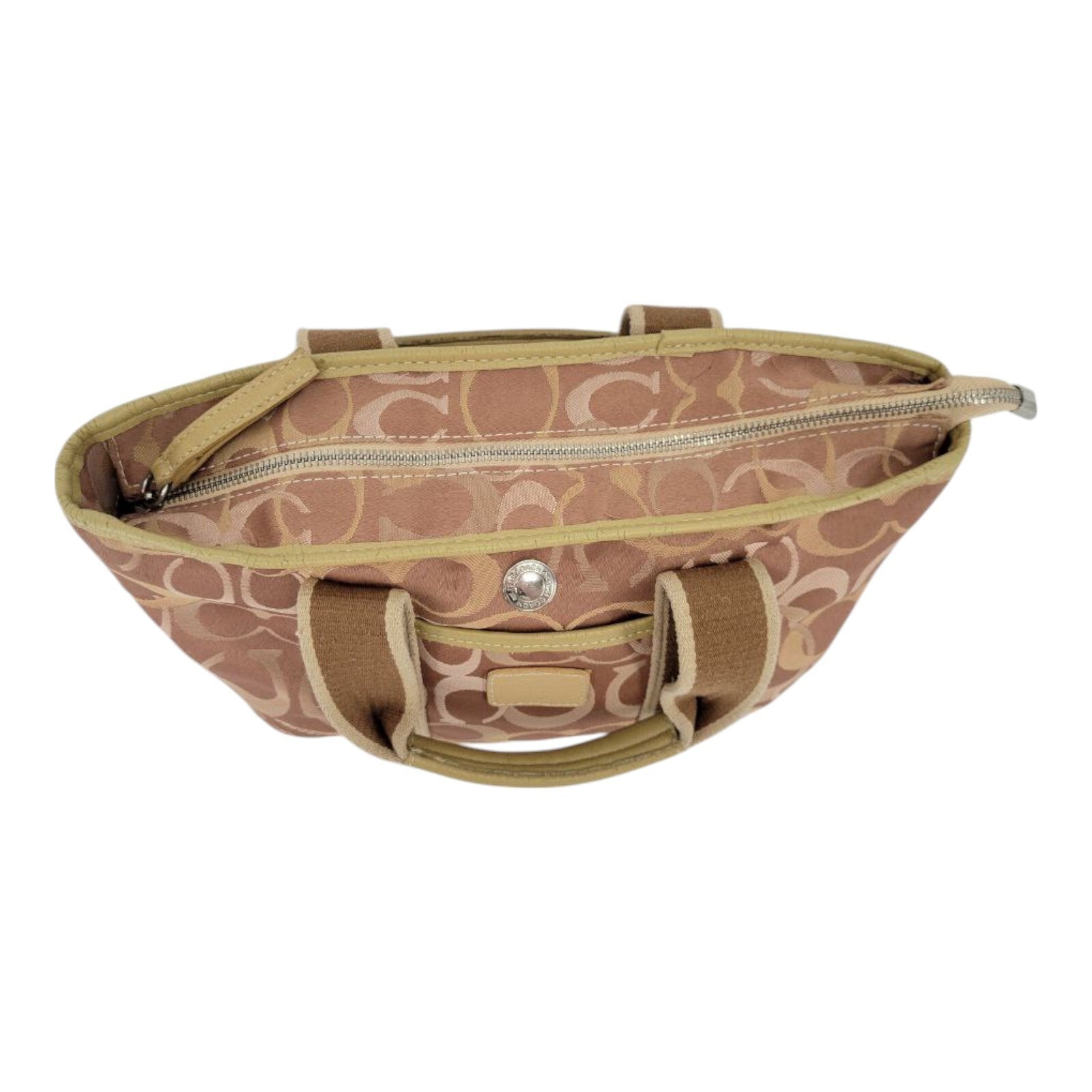 Coach Signature C Canvas Tote Bag Pink Tan Logo Print Zip Top G04M-6600